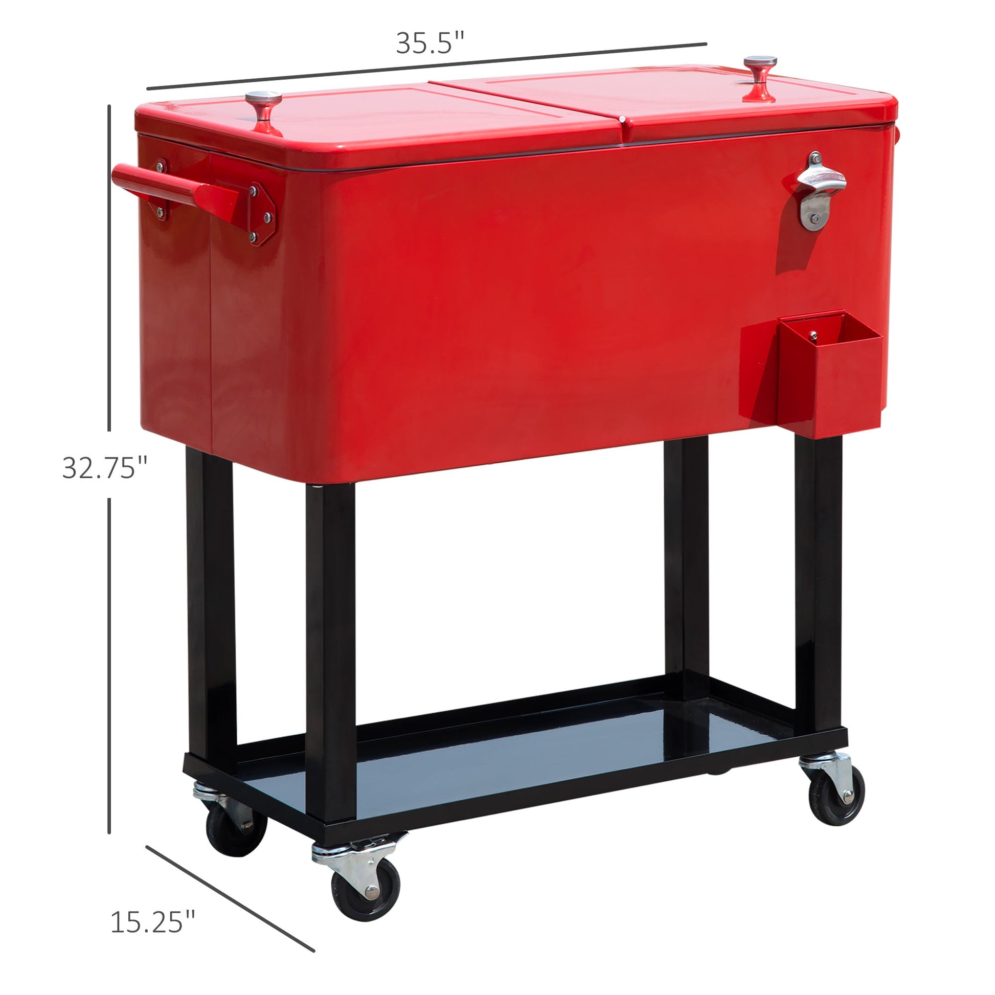 80 Quart Rolling Cooler Cart Portable Patio Ice Beer Beverage Cooling Bin for Outdoor Party w/ Bottle Opener & Storage Shelf Red