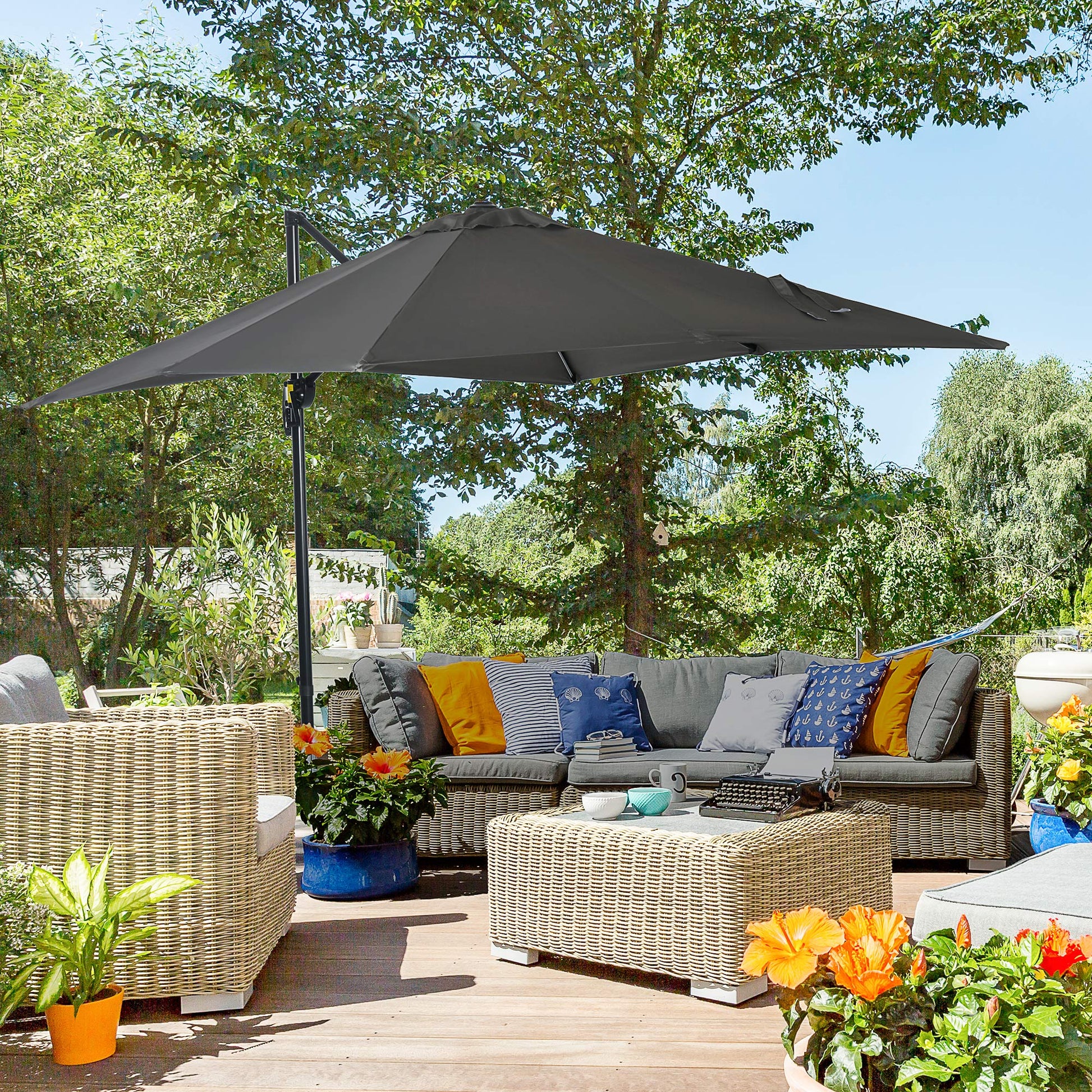 8' x 8' Square Patio Hanging Offset Umbrella with 360° Rotation, Aluminum Outdoor Cantilever Parasol with Crank & Tilt, Sun Canopy Shelter with Cross Base, Grey