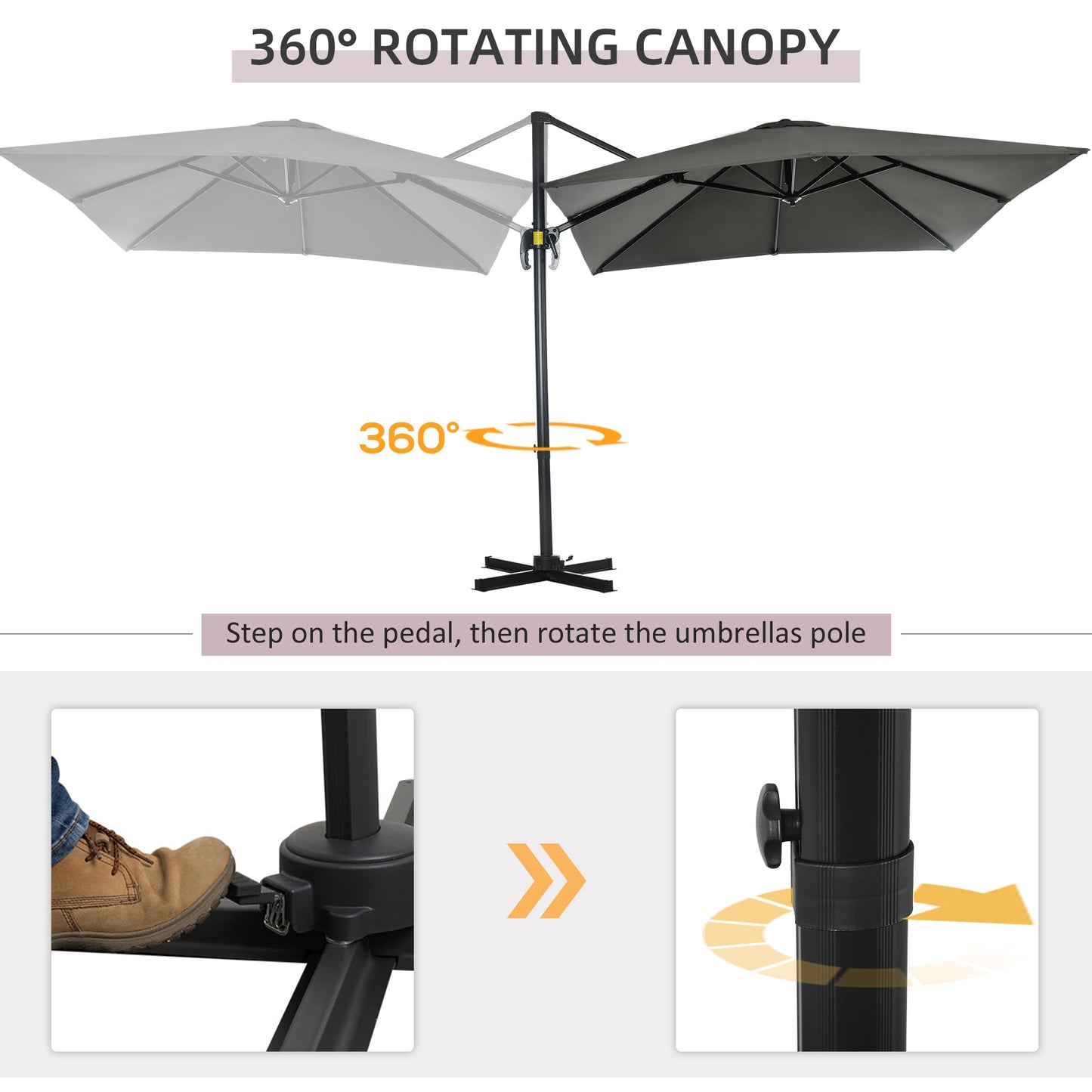 8' x 8' Square Patio Hanging Offset Umbrella with 360° Rotation, Aluminum Outdoor Cantilever Parasol with Crank & Tilt, Sun Canopy Shelter with Cross Base, Grey
