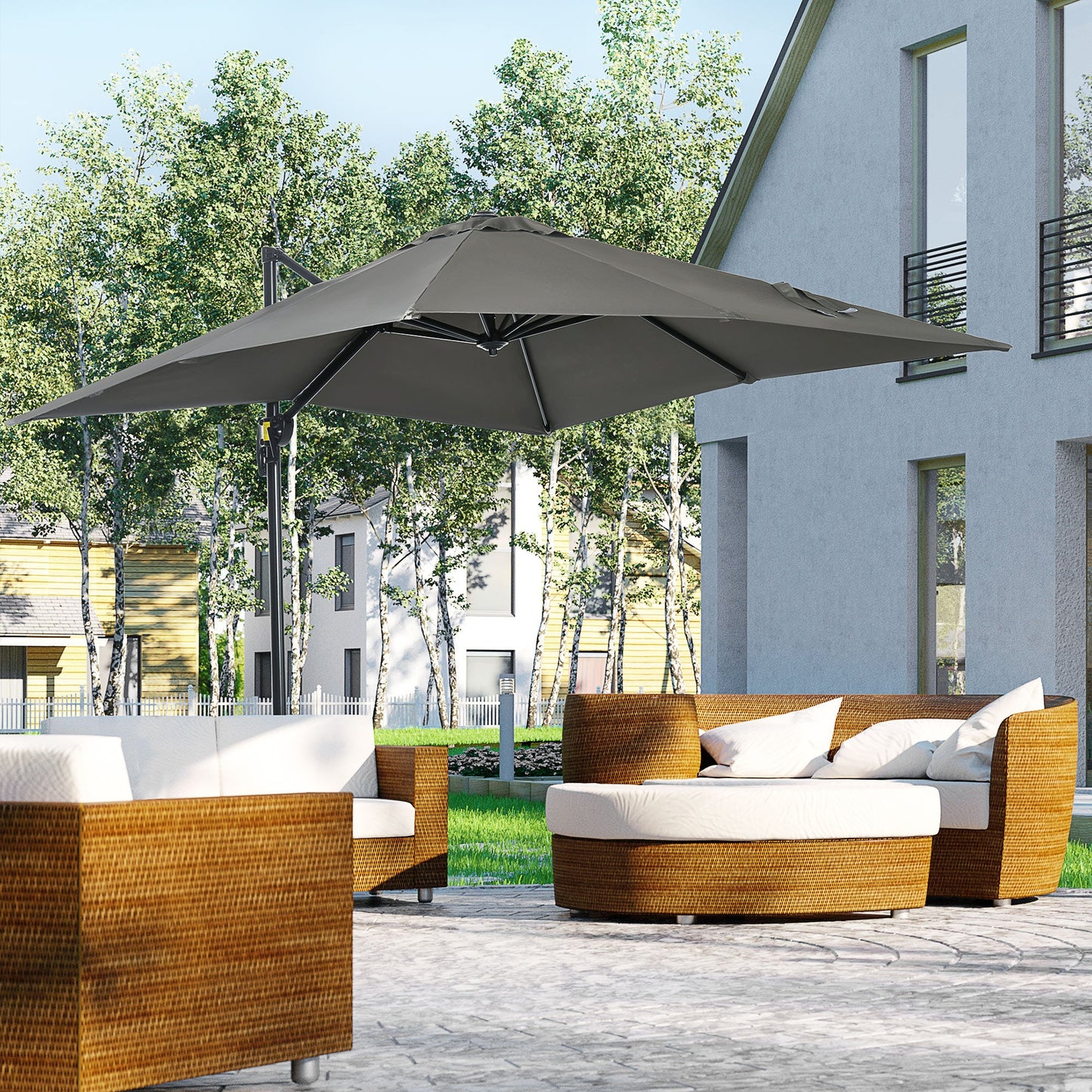 8' x 8' Square Patio Hanging Offset Umbrella with 360° Rotation, Aluminum Outdoor Cantilever Parasol with Crank & Tilt, Sun Canopy Shelter with Cross Base, Grey