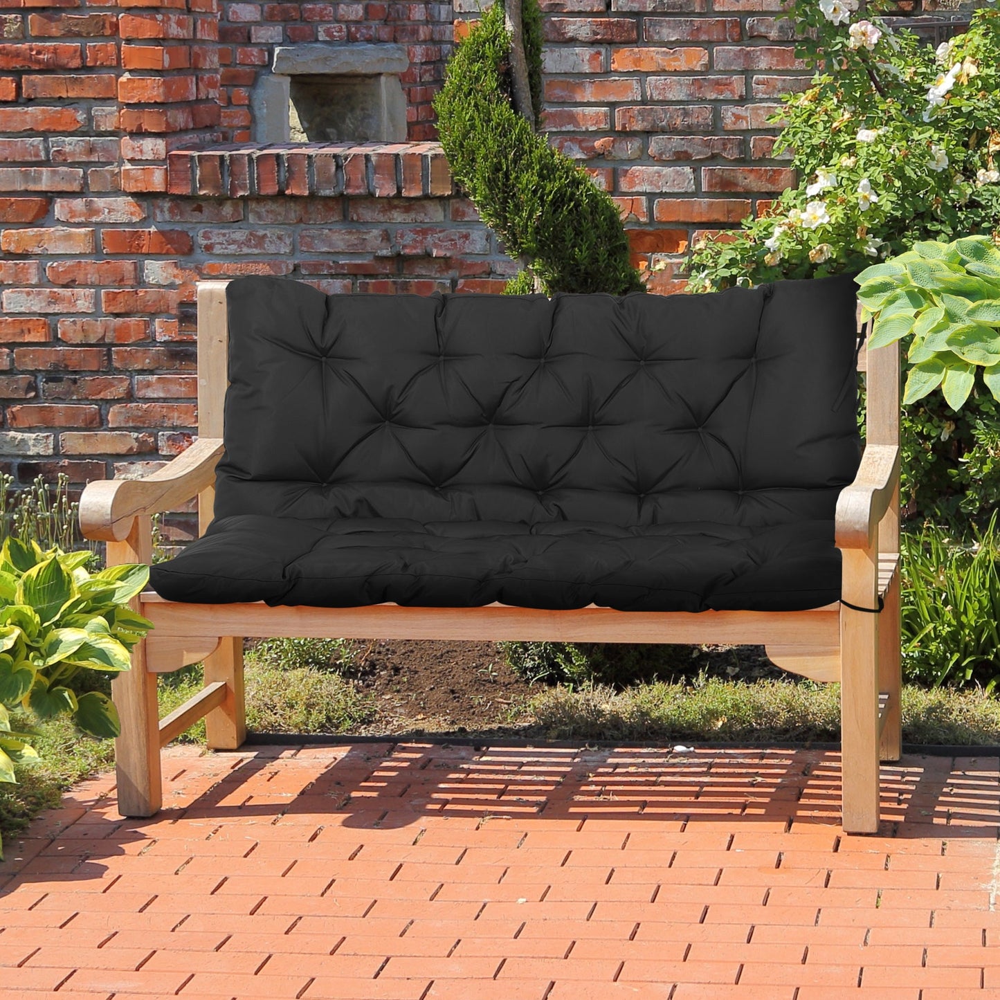 2 Seater Garden Bench Cushion, Thick Outdoor Non-Slip 2 Seater Soft Pad With Backrest for Garden Patio, 47" x 43" x 5", Black