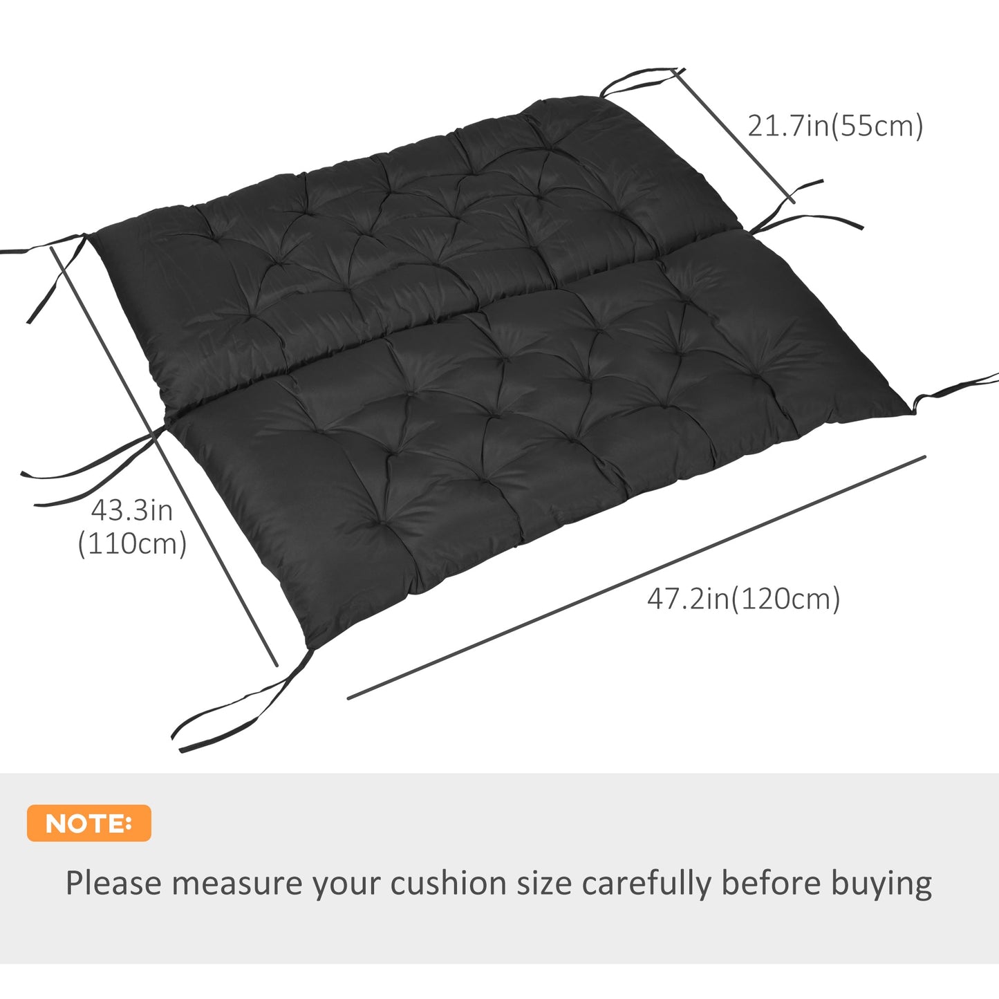 2 Seater Garden Bench Cushion, Thick Outdoor Non-Slip 2 Seater Soft Pad With Backrest for Garden Patio, 47" x 43" x 5", Black