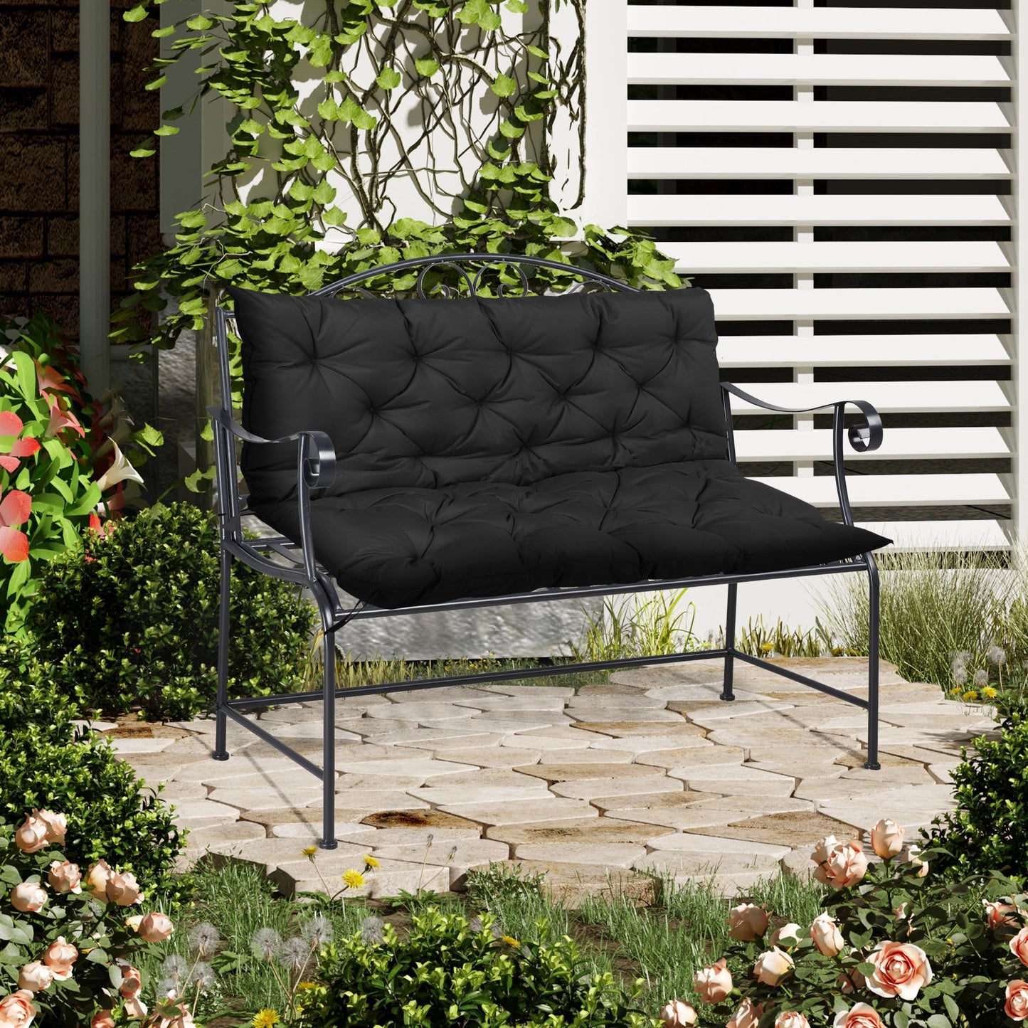 2 Seater Garden Bench Cushion, Thick Outdoor Non-Slip 2 Seater Soft Pad With Backrest for Garden Patio, 47" x 43" x 5", Black