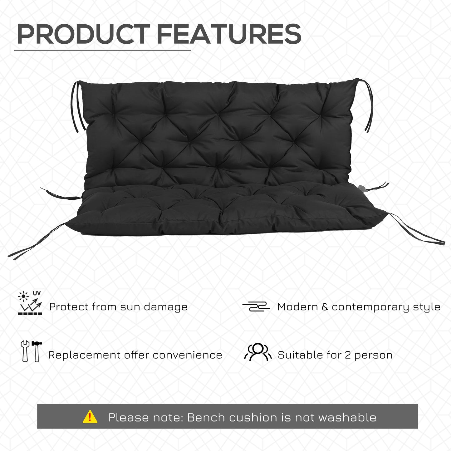 2 Seater Garden Bench Cushion, Thick Outdoor Non-Slip 2 Seater Soft Pad With Backrest for Garden Patio, 47" x 43" x 5", Black