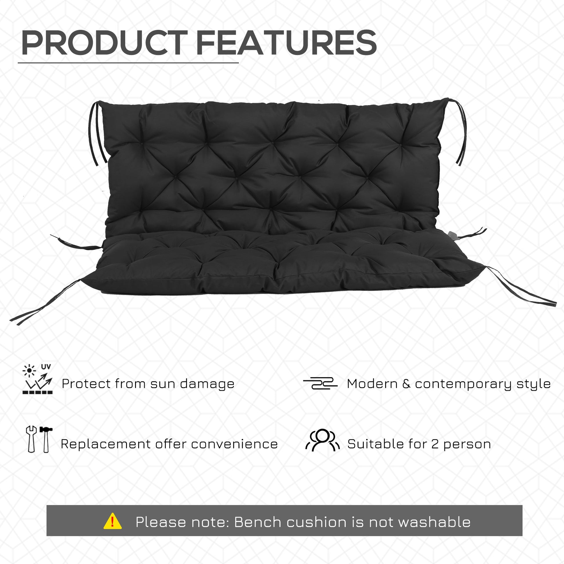 2 Seater Garden Bench Cushion, Thick Outdoor Non-Slip 2 Seater Soft Pad With Backrest for Garden Patio, 47" x 43" x 5", Black