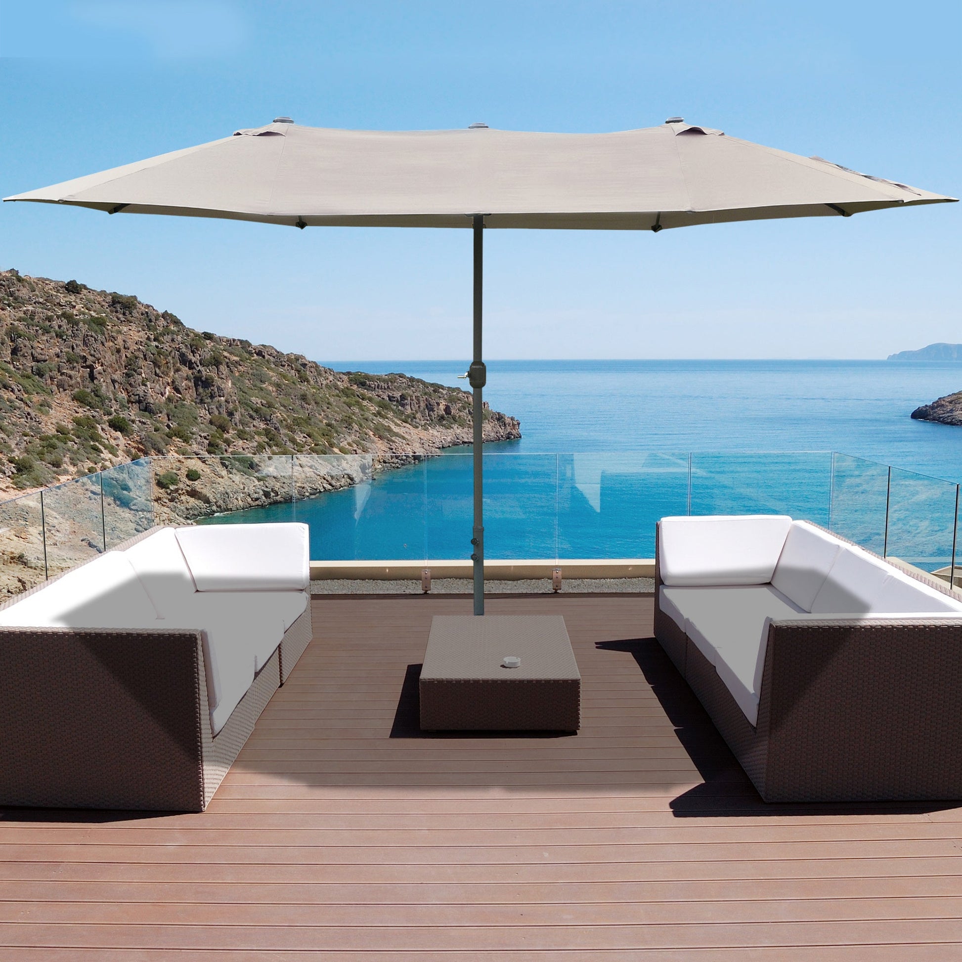 15' Outdoor Patio Umbrella with Twin Canopy Sunshade Steel Table Umbrella with Lift Crank, Cross base, Sandbag, Light Grey