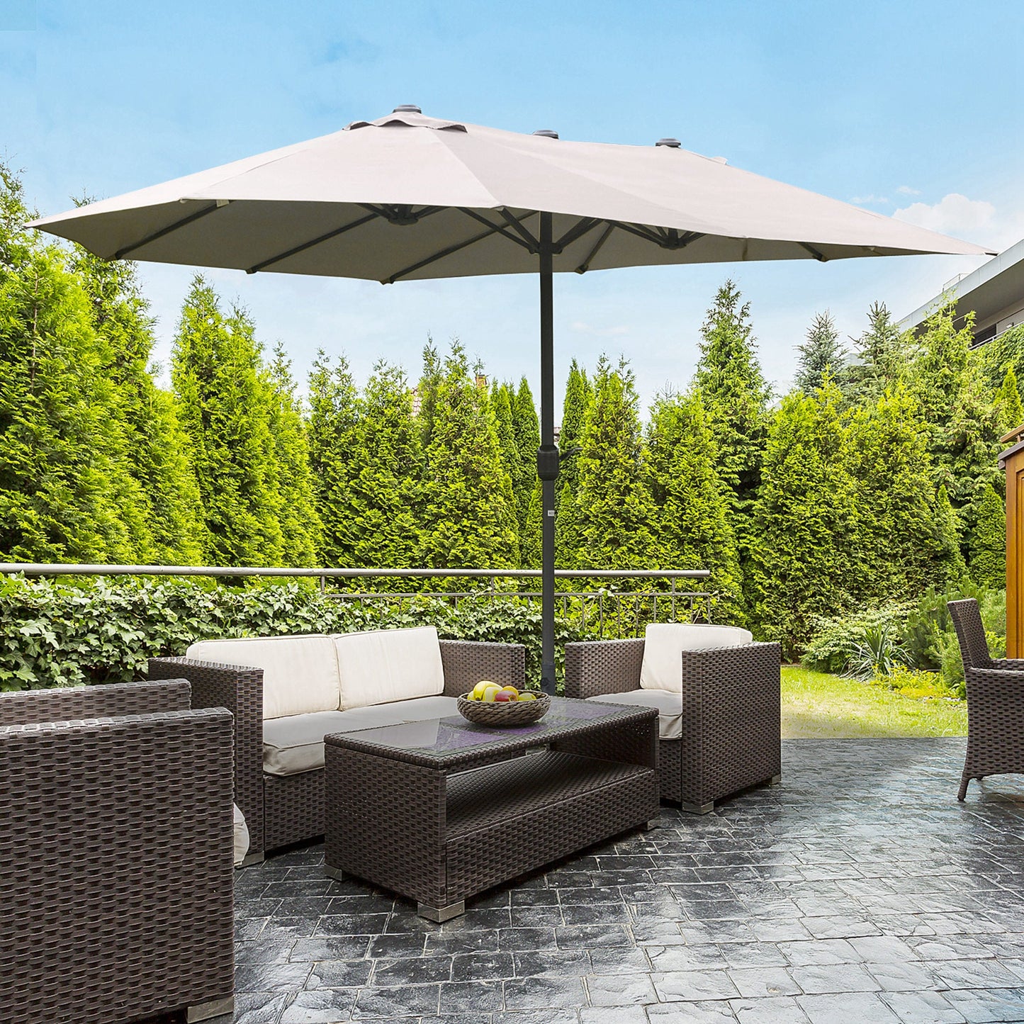 15' Outdoor Patio Umbrella with Twin Canopy Sunshade Steel Table Umbrella with Lift Crank, Cross base, Sandbag, Light Grey