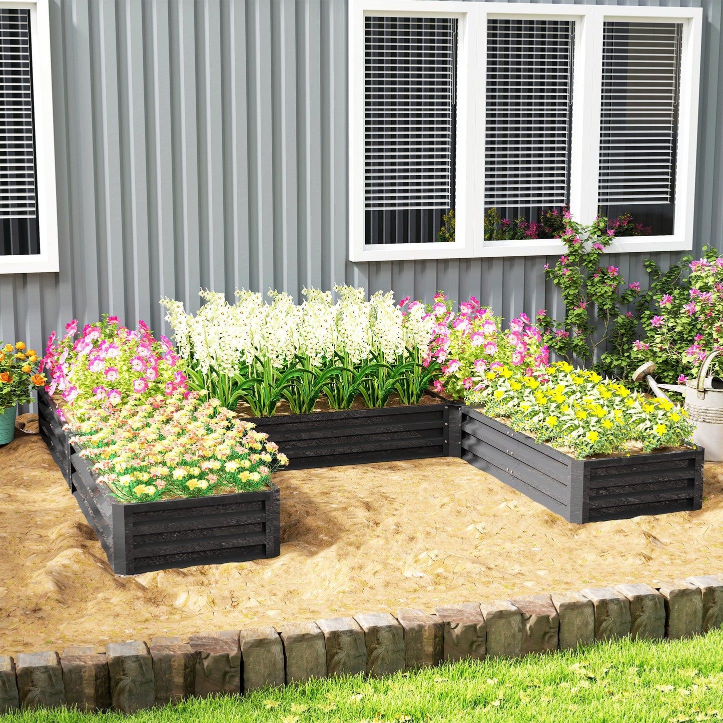 8 x 8ft DIY Raised Garden Bed, Set of 5 Large Steel Box Planters for Outdoor Plants, Vegetables, Flowers, Herbs, Easy Assembly, Dark Grey