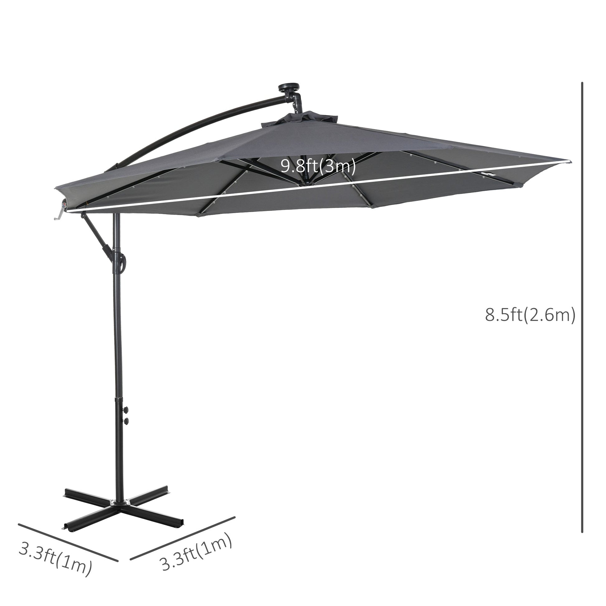 10ft Outdoor Cantilever Umbrella with Solar Lights, Banana Umbrella with Adjustable Angle for Patio, Backyard, Dark Gray