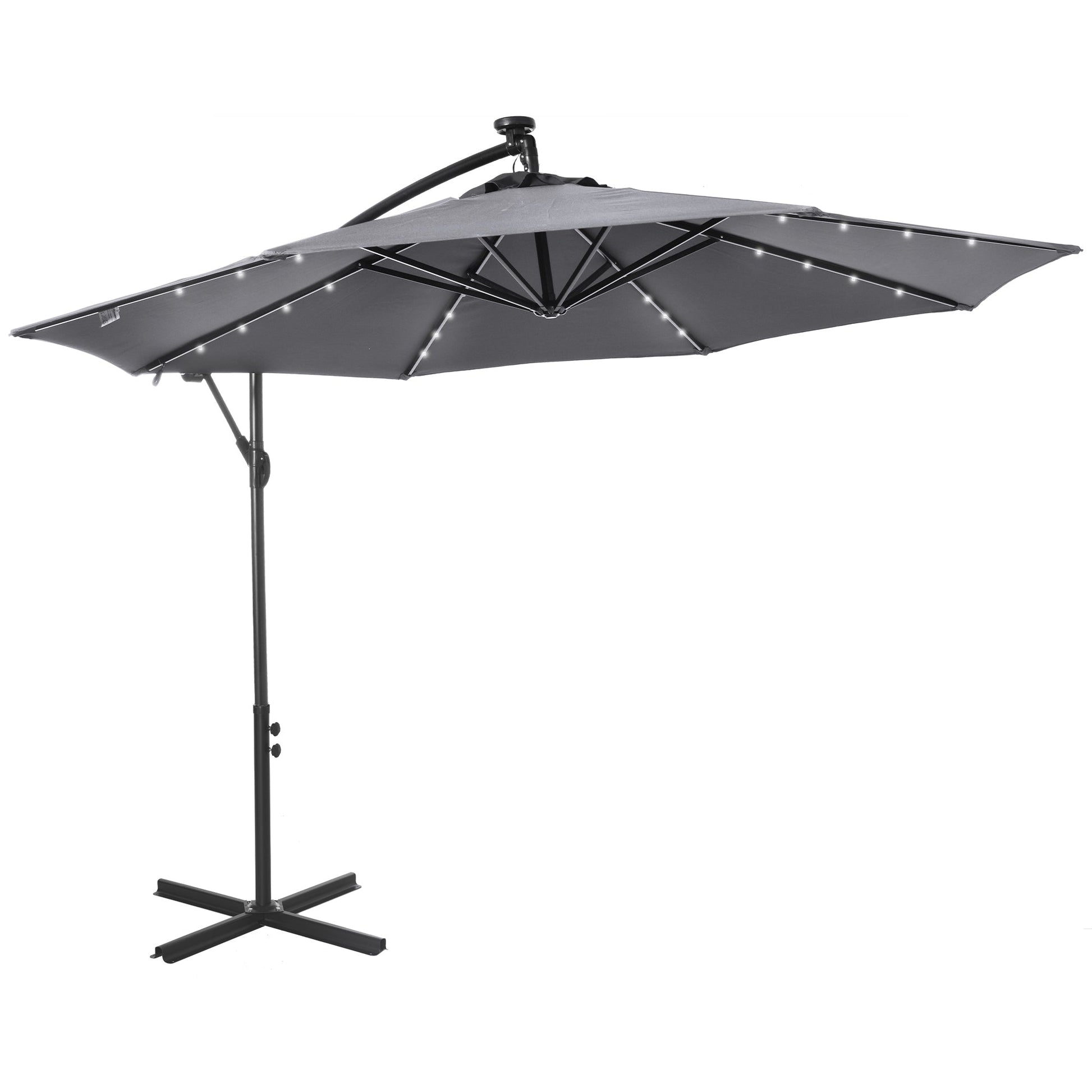 10ft Outdoor Cantilever Umbrella with Solar Lights, Banana Umbrella with Adjustable Angle for Patio, Backyard, Dark Gray
