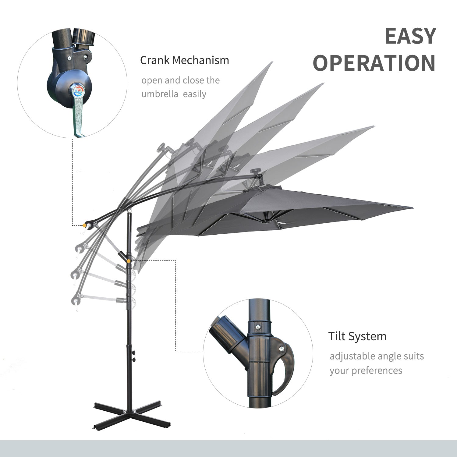 10ft Outdoor Cantilever Umbrella with Solar Lights, Banana Umbrella with Adjustable Angle for Patio, Backyard, Dark Gray