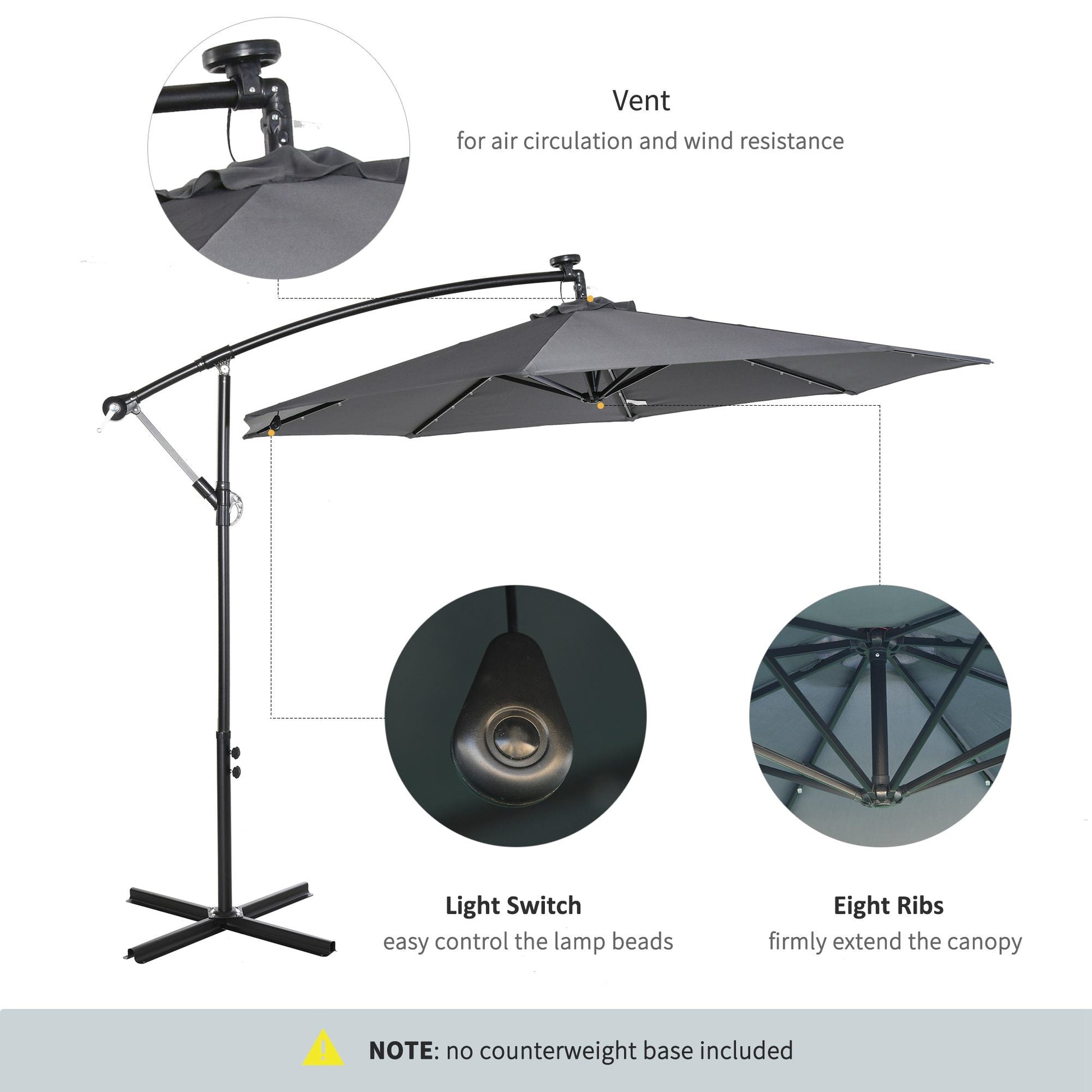 10ft Outdoor Cantilever Umbrella with Solar Lights, Banana Umbrella with Adjustable Angle for Patio, Backyard, Dark Gray
