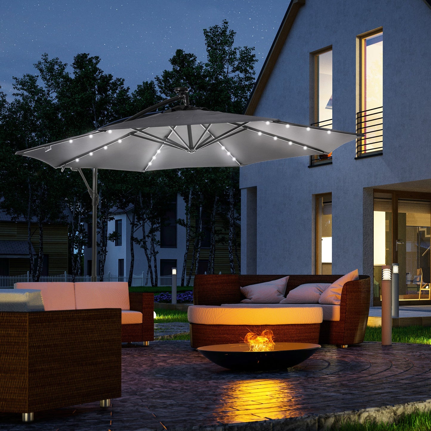 10ft Outdoor Cantilever Umbrella with Solar Lights, Banana Umbrella with Adjustable Angle for Patio, Backyard, Dark Gray