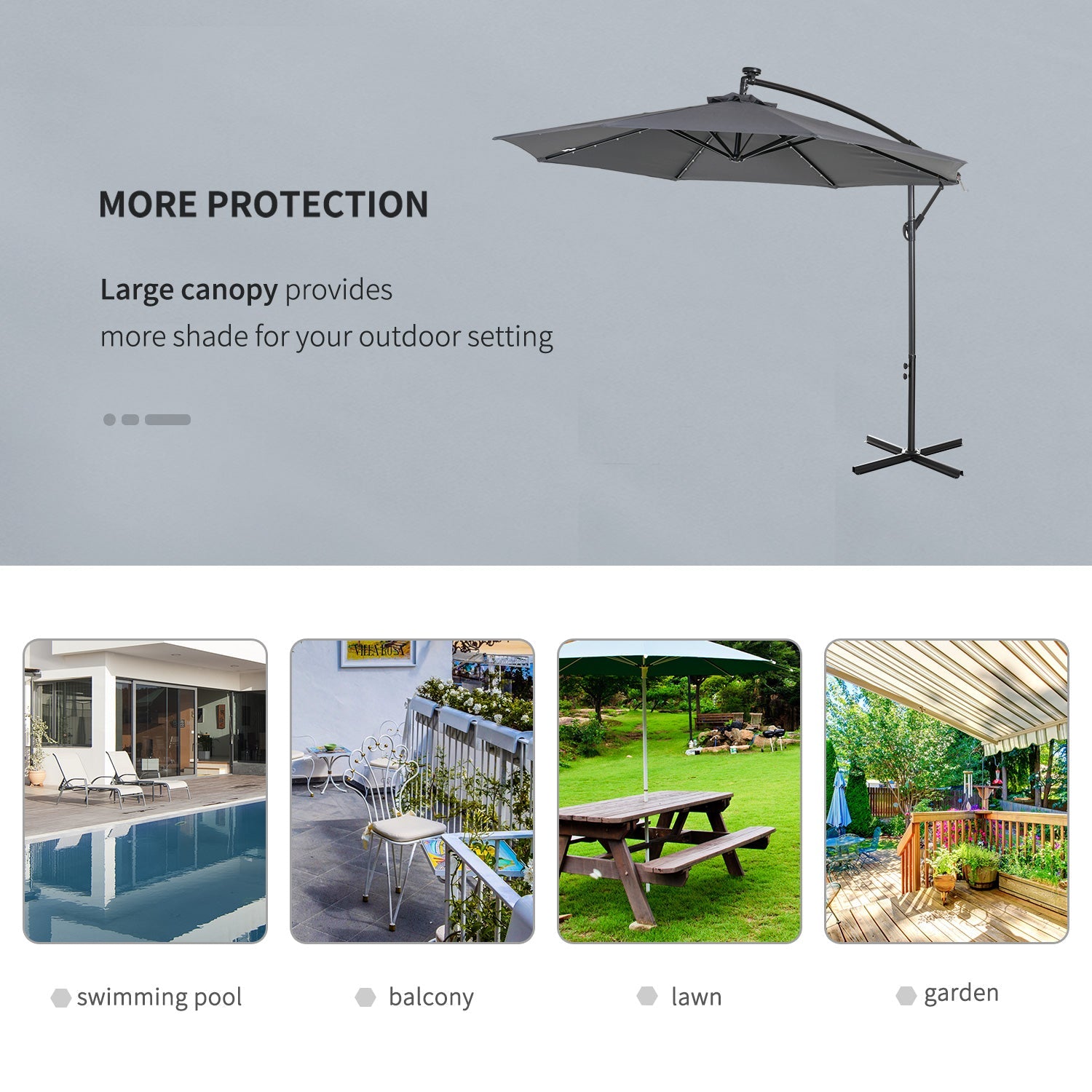 10ft Outdoor Cantilever Umbrella with Solar Lights, Banana Umbrella with Adjustable Angle for Patio, Backyard, Dark Gray