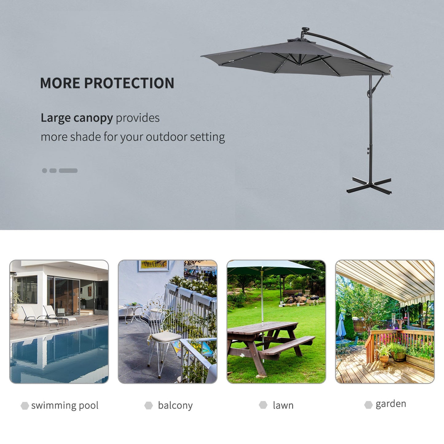 10ft Outdoor Cantilever Umbrella with Solar Lights, Banana Umbrella with Adjustable Angle for Patio, Backyard, Dark Gray