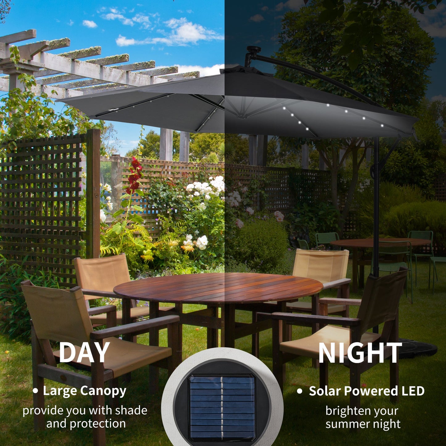 10ft Outdoor Cantilever Umbrella with Solar Lights, Banana Umbrella with Adjustable Angle for Patio, Backyard, Dark Gray