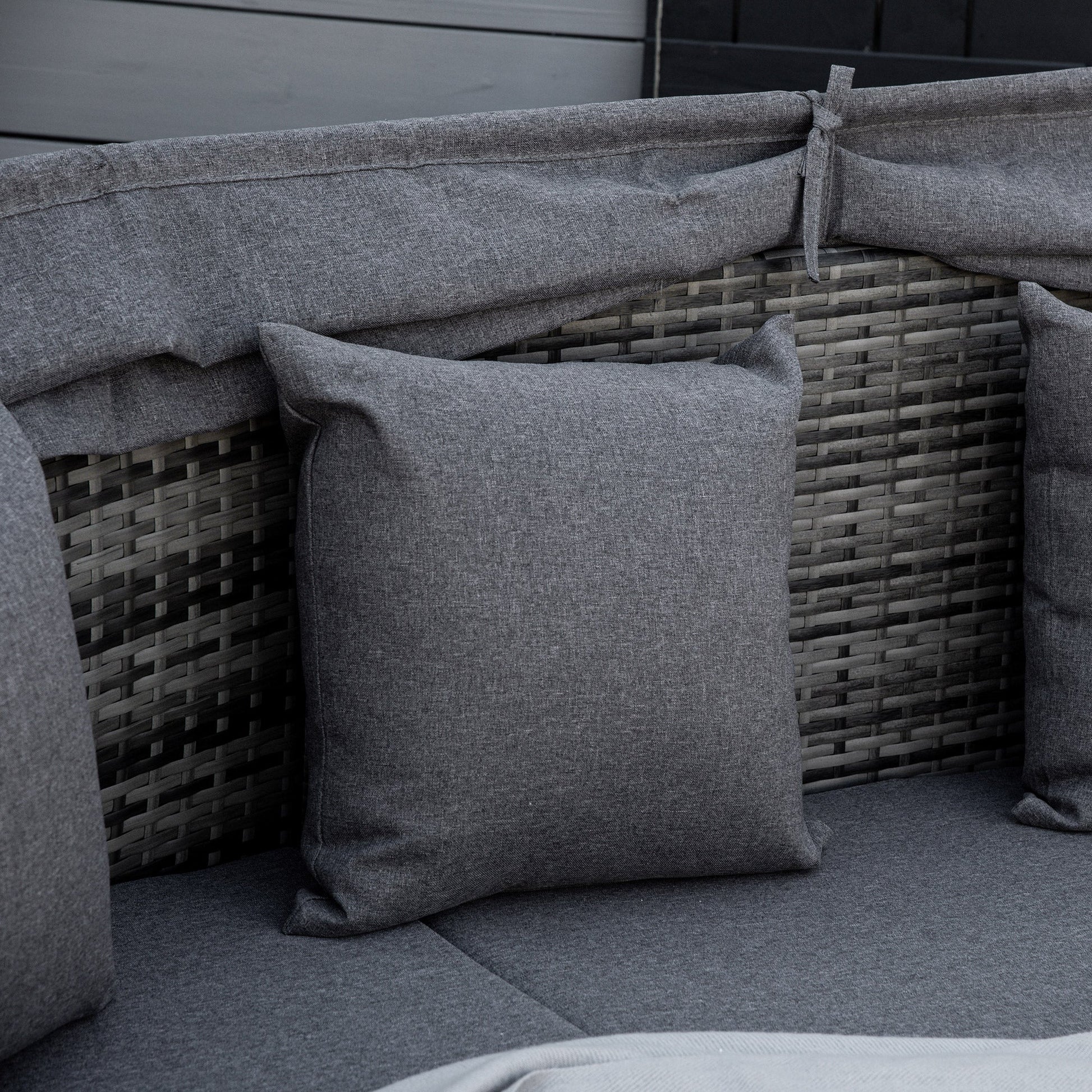 4 Pieces Rattan Daybed Patio PE Wicker Round Furniture Outdoor Rattan Garden Lounge Sofa Sets Sectional Conversation Set with Canopy, Cushions, & Pillows, Grey