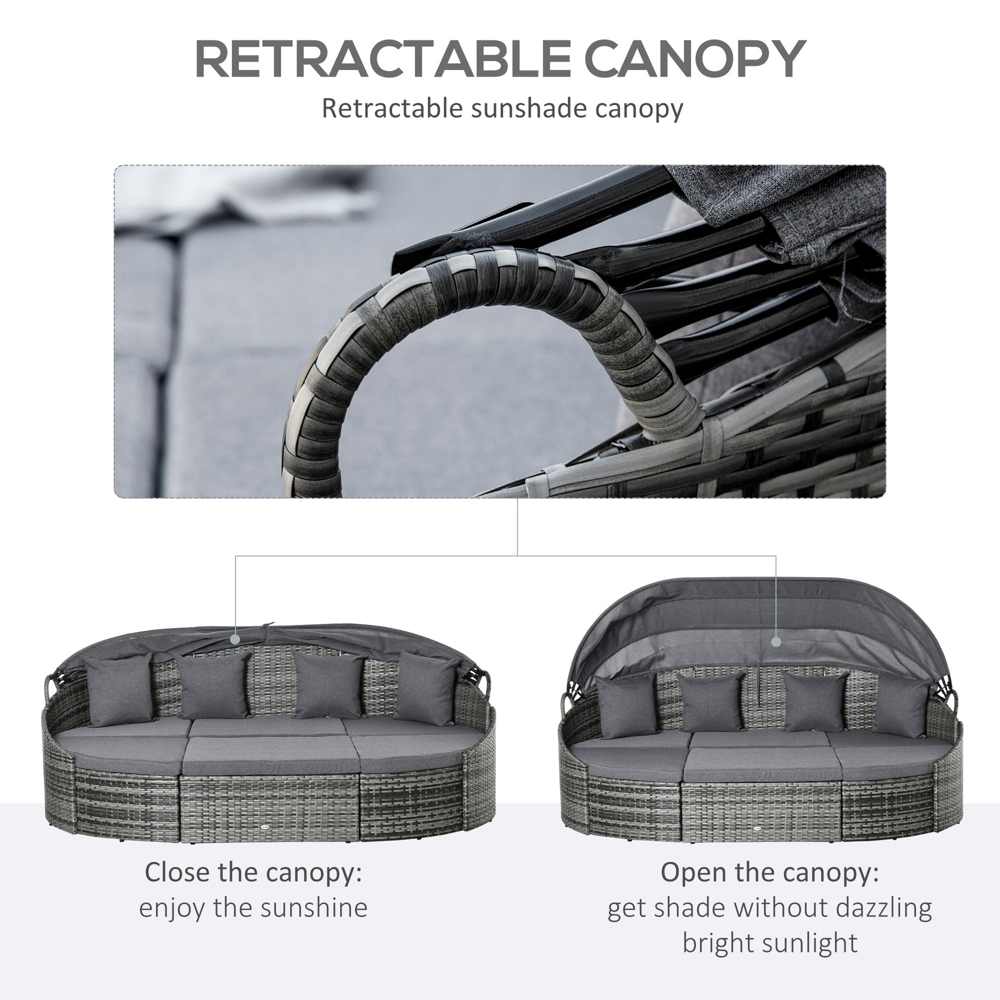 4 Pieces Rattan Daybed Patio PE Wicker Round Furniture Outdoor Rattan Garden Lounge Sofa Sets Sectional Conversation Set with Canopy, Cushions, & Pillows, Grey