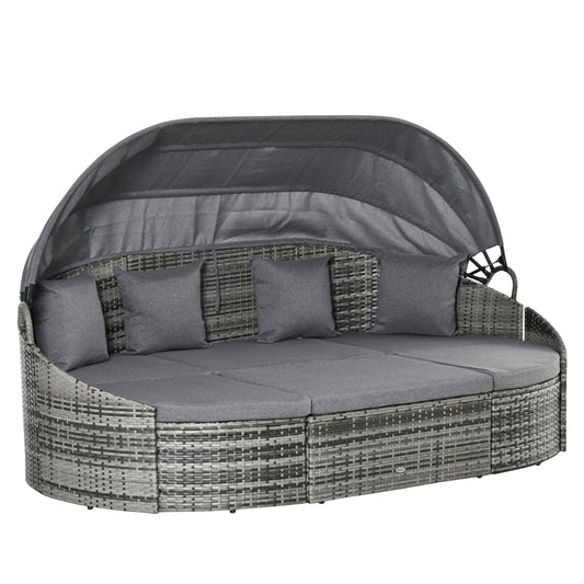 4 Pieces Rattan Daybed Patio PE Wicker Round Furniture Outdoor Rattan Garden Lounge Sofa Sets Sectional Conversation Set with Canopy, Cushions, & Pillows, Grey