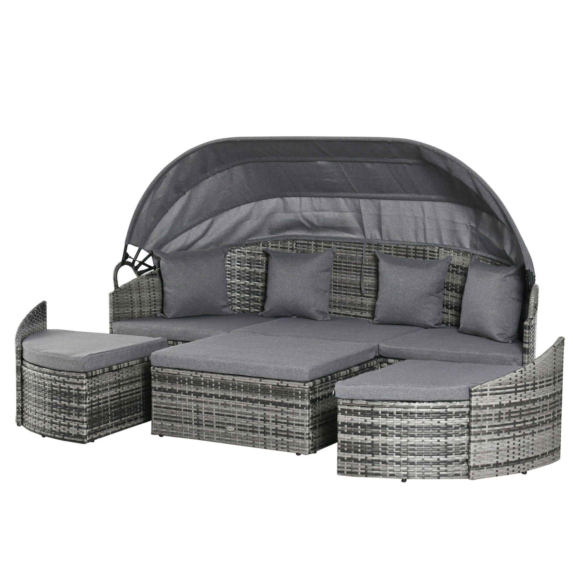 4 Pieces Rattan Daybed Patio PE Wicker Round Furniture Outdoor Rattan Garden Lounge Sofa Sets Sectional Conversation Set with Canopy, Cushions, & Pillows, Grey