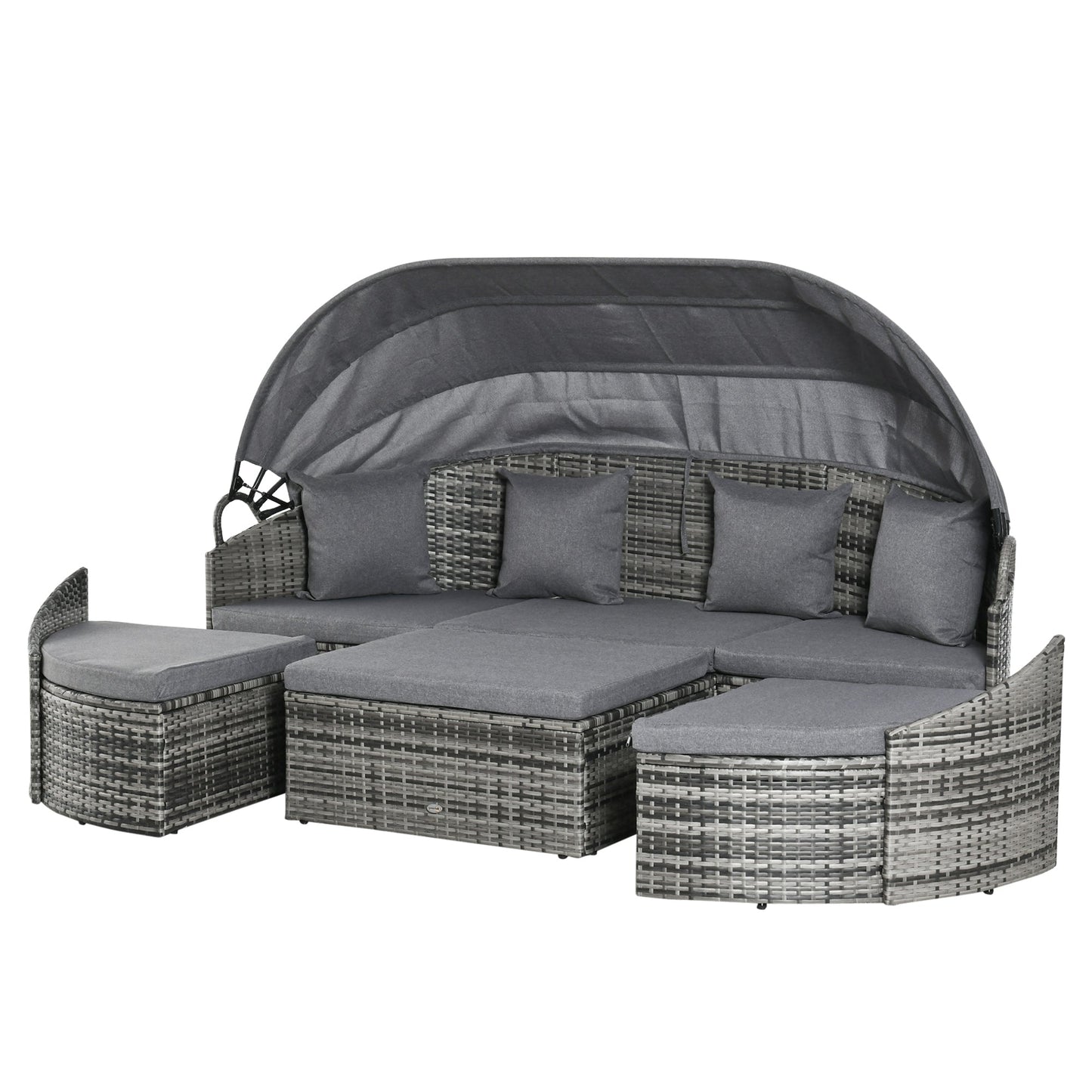 4 Pieces Rattan Daybed Patio PE Wicker Round Furniture Outdoor Rattan Garden Lounge Sofa Sets Sectional Conversation Set with Canopy, Cushions, & Pillows, Grey
