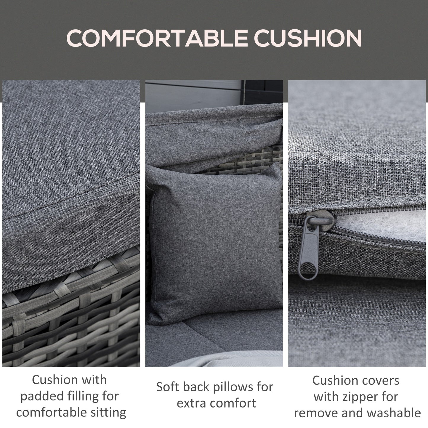 4 Pieces Rattan Daybed Patio PE Wicker Round Furniture Outdoor Rattan Garden Lounge Sofa Sets Sectional Conversation Set with Canopy, Cushions, & Pillows, Grey