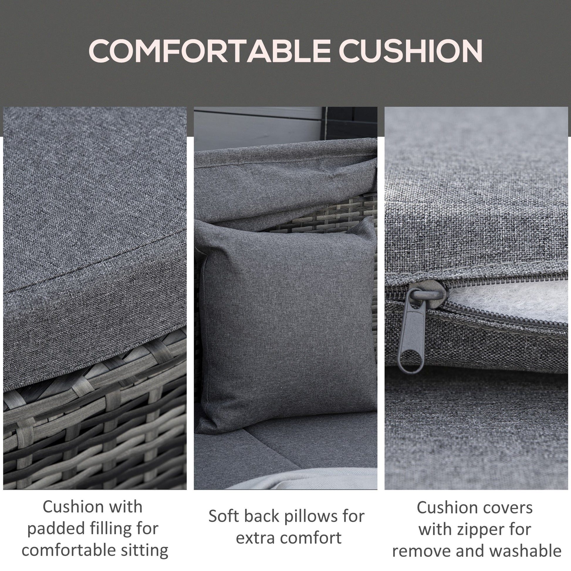 4 Pieces Rattan Daybed Patio PE Wicker Round Furniture Outdoor Rattan Garden Lounge Sofa Sets Sectional Conversation Set with Canopy, Cushions, & Pillows, Grey
