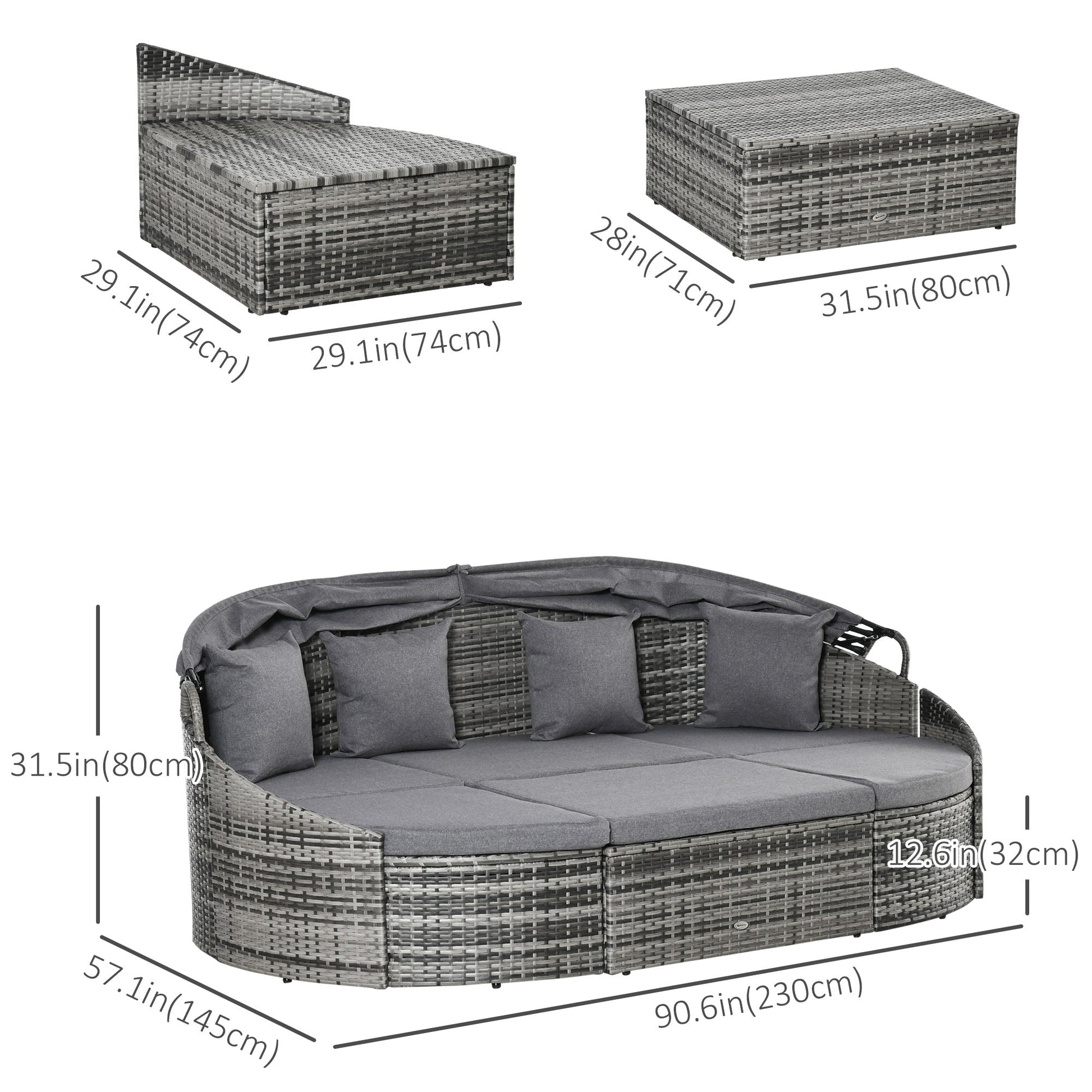 4 Pieces Rattan Daybed Patio PE Wicker Round Furniture Outdoor Rattan Garden Lounge Sofa Sets Sectional Conversation Set with Canopy, Cushions, & Pillows, Grey