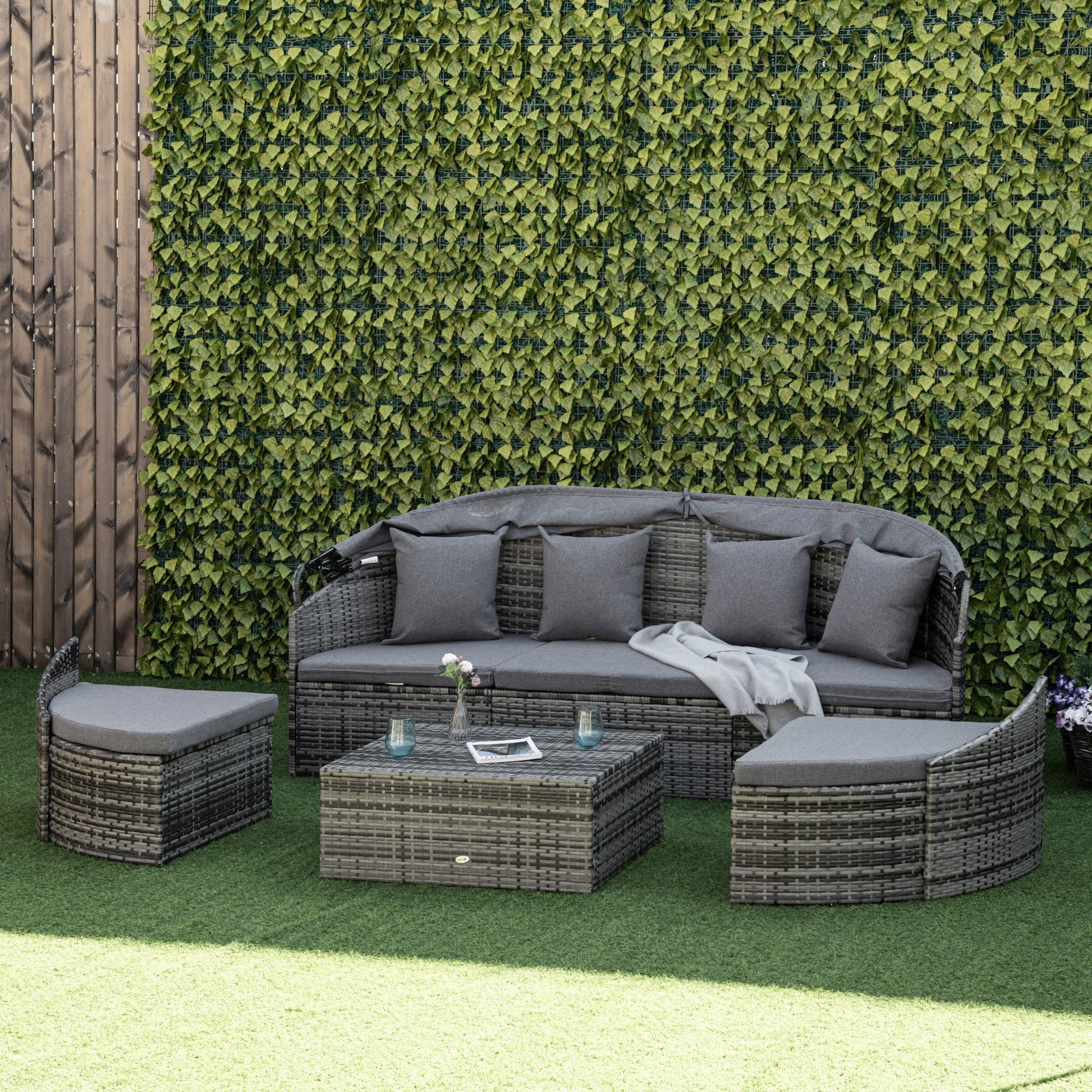 4 Pieces Rattan Daybed Patio PE Wicker Round Furniture Outdoor Rattan Garden Lounge Sofa Sets Sectional Conversation Set with Canopy, Cushions, & Pillows, Grey