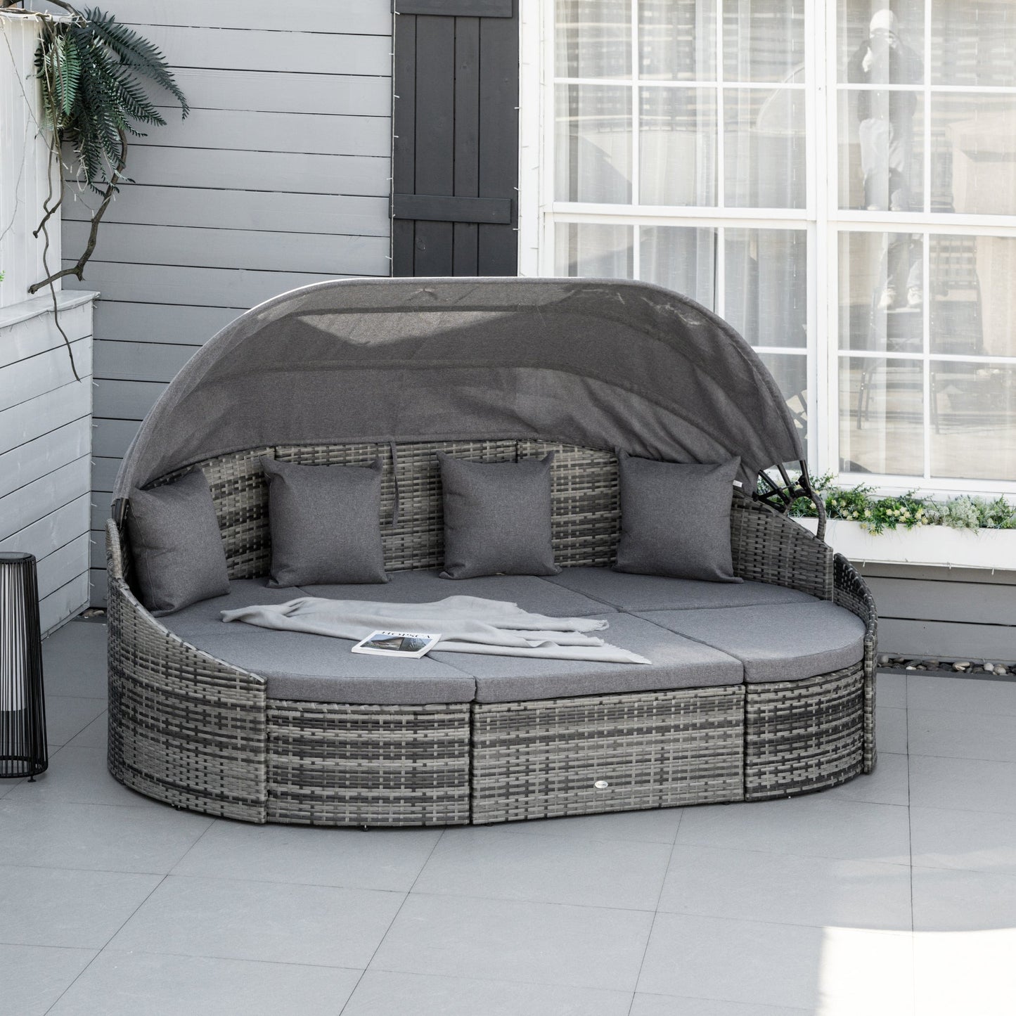 4 Pieces Rattan Daybed Patio PE Wicker Round Furniture Outdoor Rattan Garden Lounge Sofa Sets Sectional Conversation Set with Canopy, Cushions, & Pillows, Grey