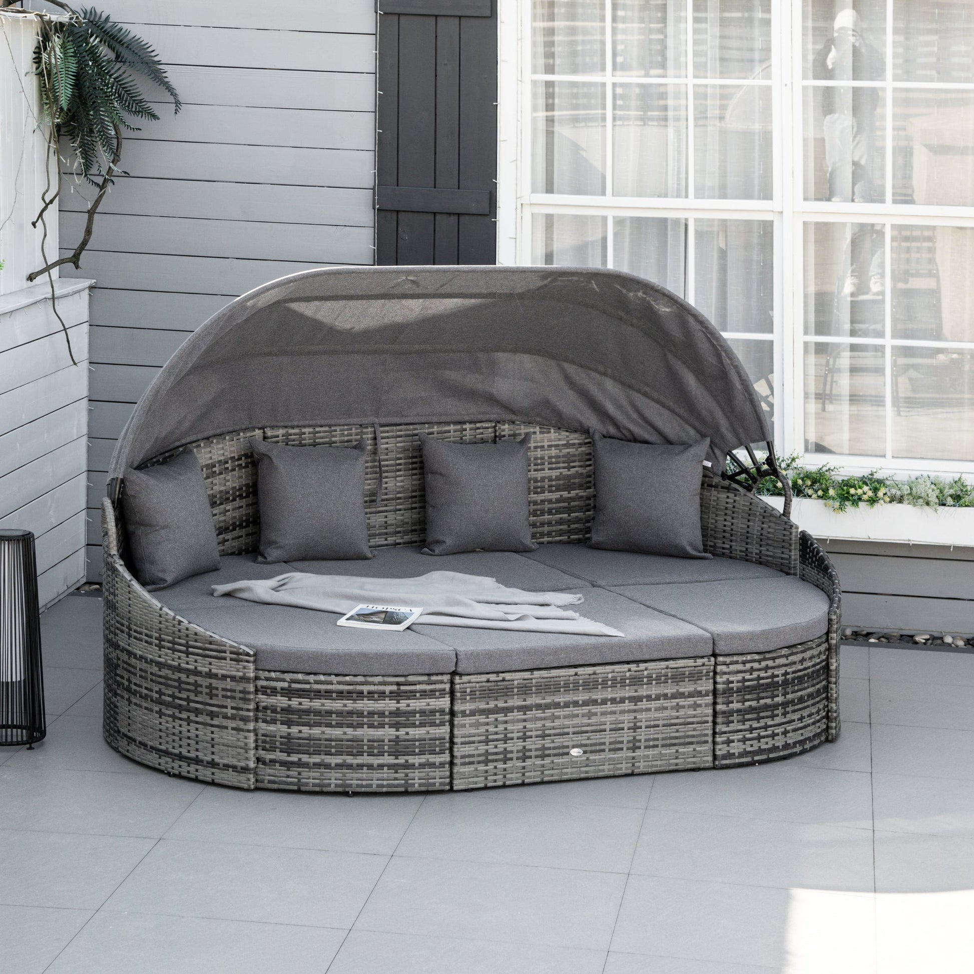 4 Pieces Rattan Daybed Patio PE Wicker Round Furniture Outdoor Rattan Garden Lounge Sofa Sets Sectional Conversation Set with Canopy, Cushions, & Pillows, Grey