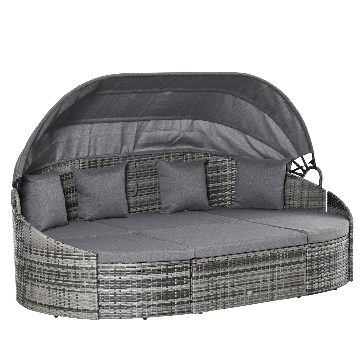 4 Pieces Rattan Daybed Patio PE Wicker Round Furniture Outdoor Rattan Garden Lounge Sofa Sets Sectional Conversation Set with Canopy, Cushions, & Pillows, Grey
