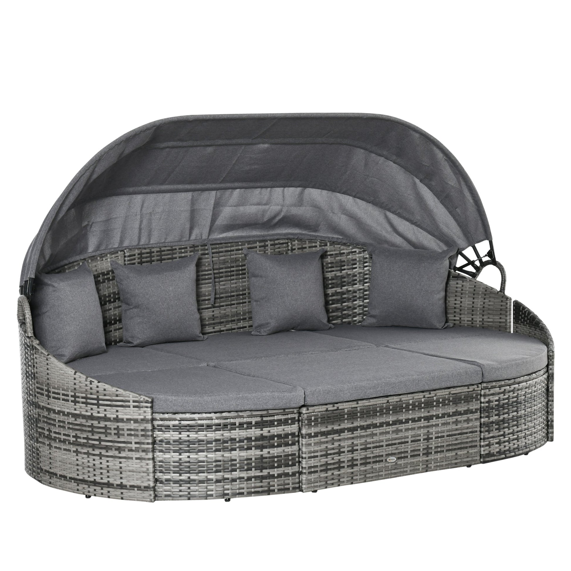 4 Pieces Rattan Daybed Patio PE Wicker Round Furniture Outdoor Rattan Garden Lounge Sofa Sets Sectional Conversation Set with Canopy, Cushions, & Pillows, Grey