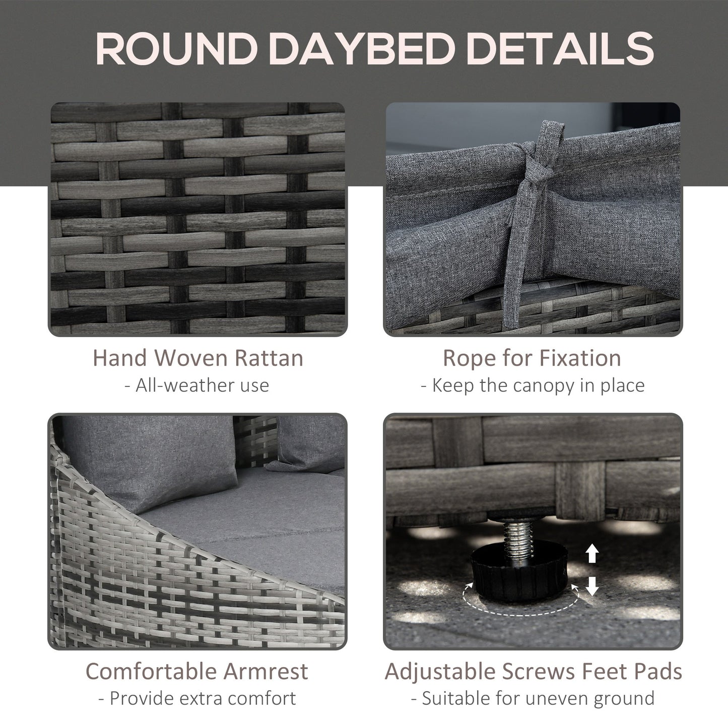 4 Pieces Rattan Daybed Patio PE Wicker Round Furniture Outdoor Rattan Garden Lounge Sofa Sets Sectional Conversation Set with Canopy, Cushions, & Pillows, Grey