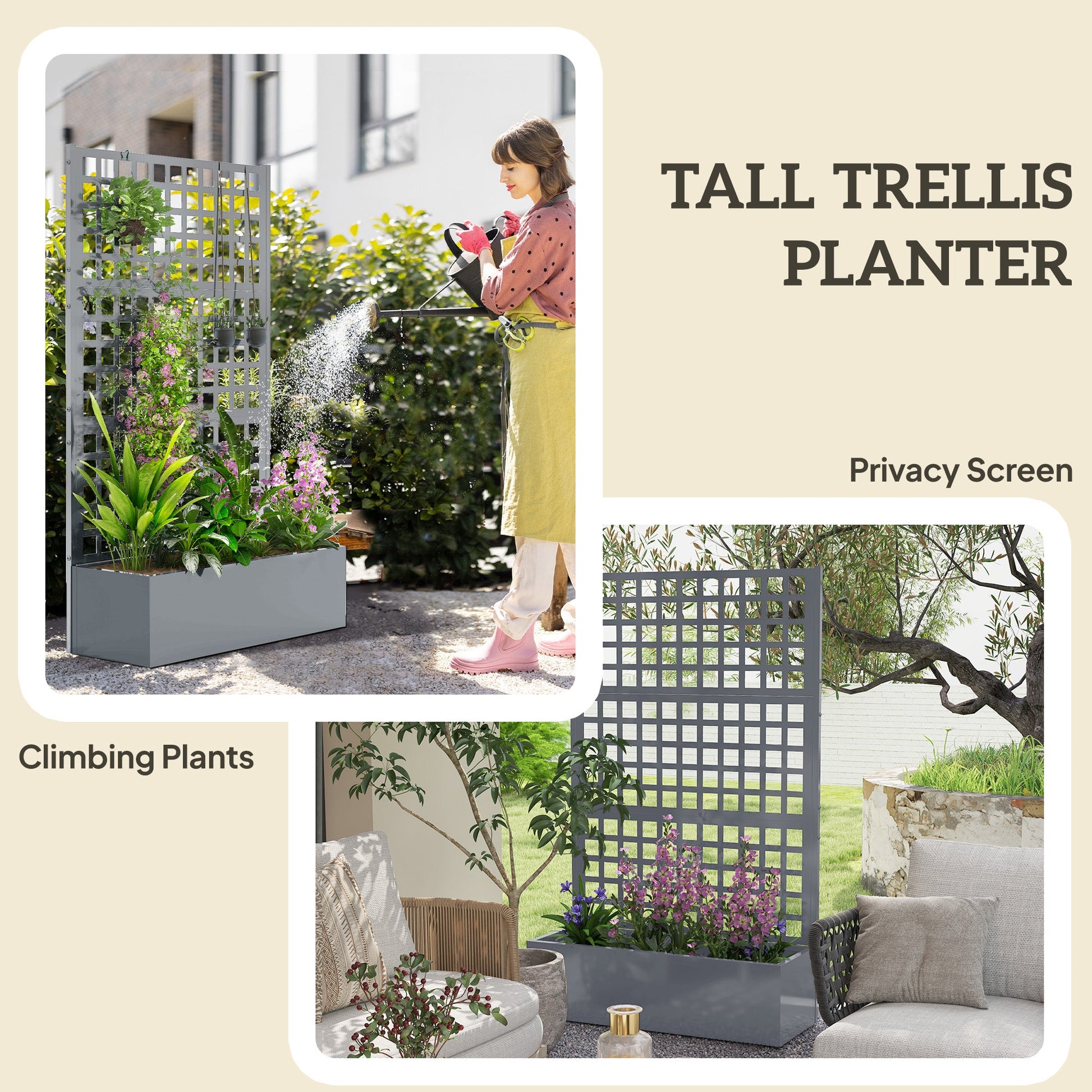 Galvanized Raised Garden Bed with Trellis, 43"x16"x70" Metal Planter Box with Drainage Holes, Outdoor Privacy Screen for Climbing Plant Vegetable Vine, Grey Wood Effect
