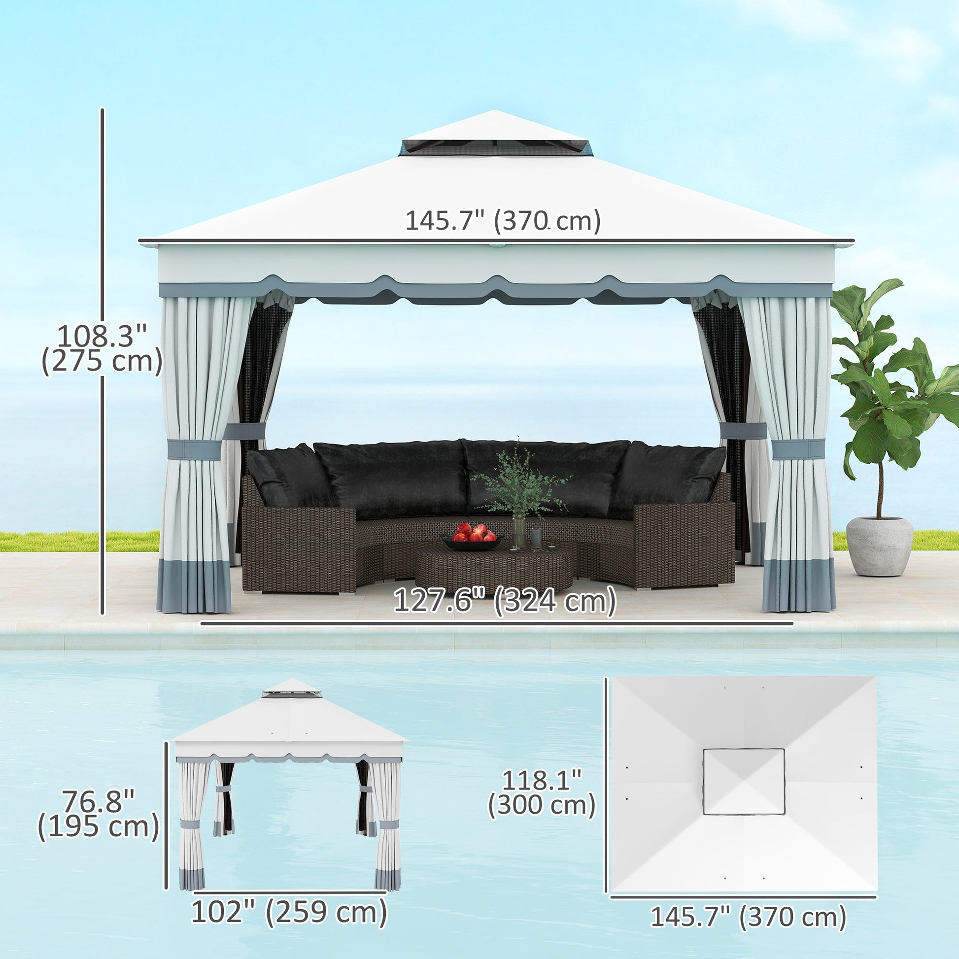  10' x 12' Patio Gazebo, Double Roof Outdoor Gazebo Canopy Shelter with Netting and Curtains, Solid Metal Frame for Garden, Lawn and Deck, Light Grey