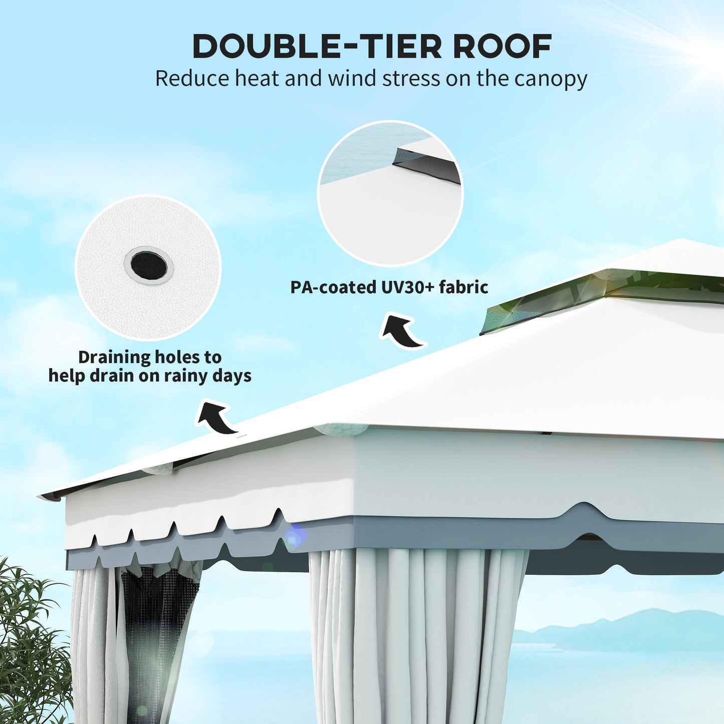  10' x 12' Patio Gazebo, Double Roof Outdoor Gazebo Canopy Shelter with Netting and Curtains, Solid Metal Frame for Garden, Lawn and Deck, Light Grey