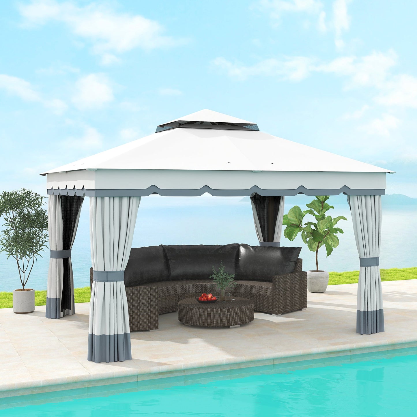  10' x 12' Patio Gazebo, Double Roof Outdoor Gazebo Canopy Shelter with Netting and Curtains, Solid Metal Frame for Garden, Lawn and Deck, Light Grey
