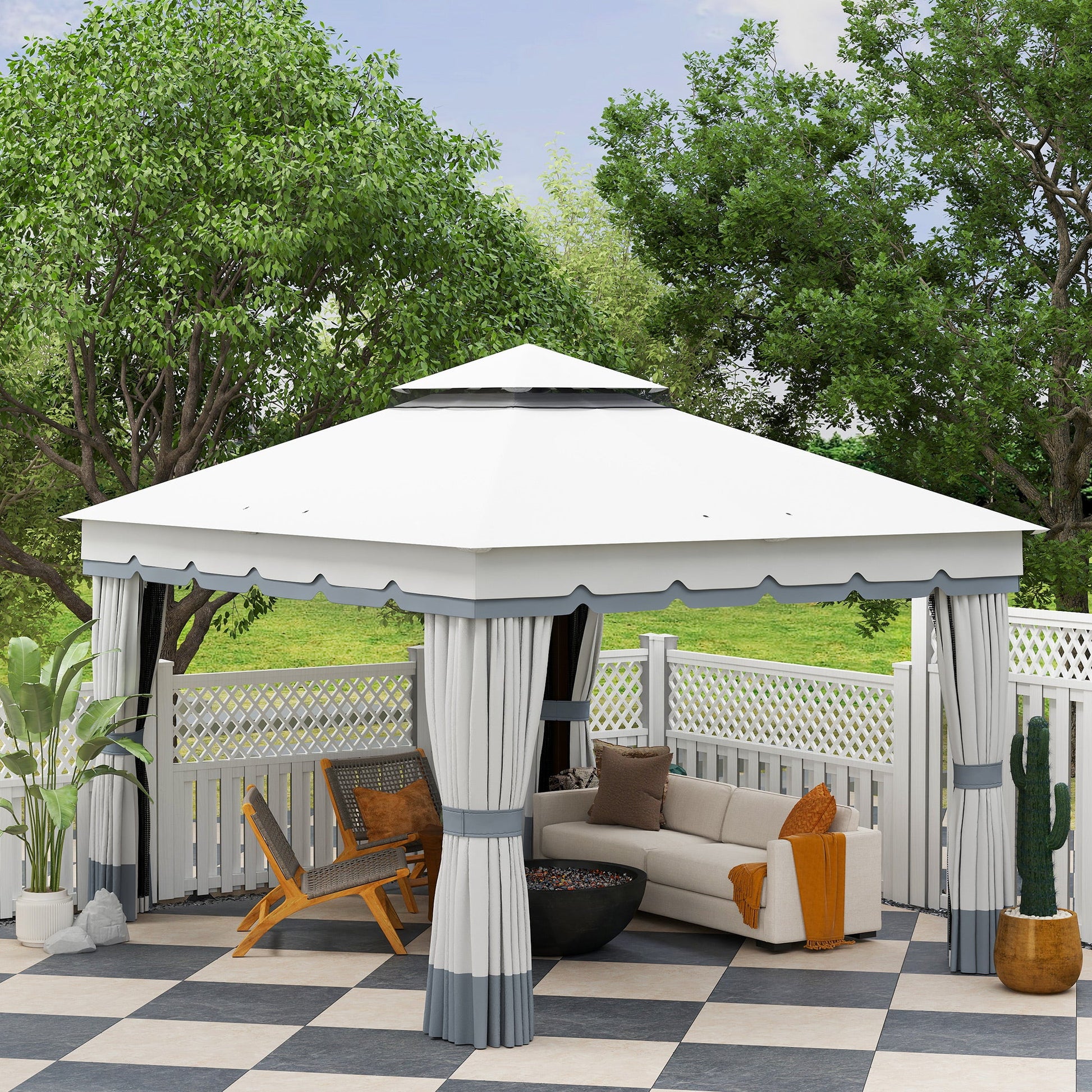  10' x 12' Patio Gazebo, Double Roof Outdoor Gazebo Canopy Shelter with Netting and Curtains, Solid Metal Frame for Garden, Lawn and Deck, Light Grey