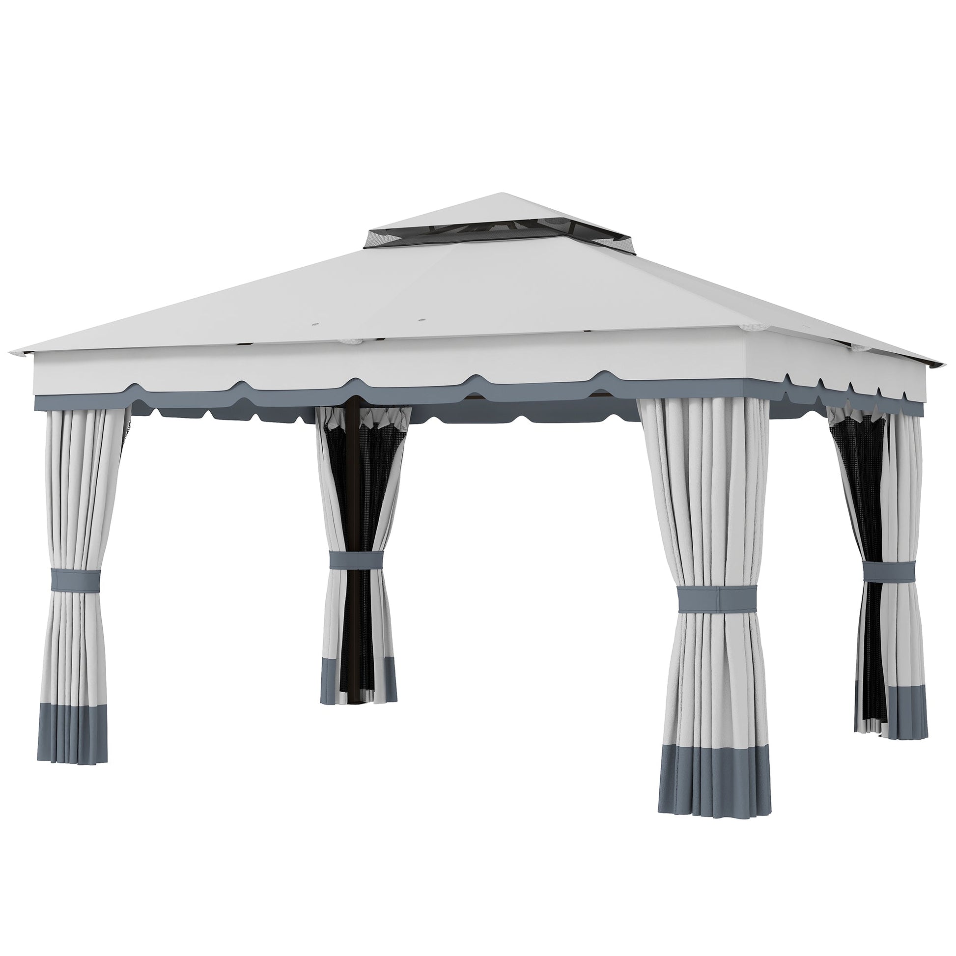  10' x 12' Patio Gazebo, Double Roof Outdoor Gazebo Canopy Shelter with Netting and Curtains, Solid Metal Frame for Garden, Lawn and Deck, Light Grey