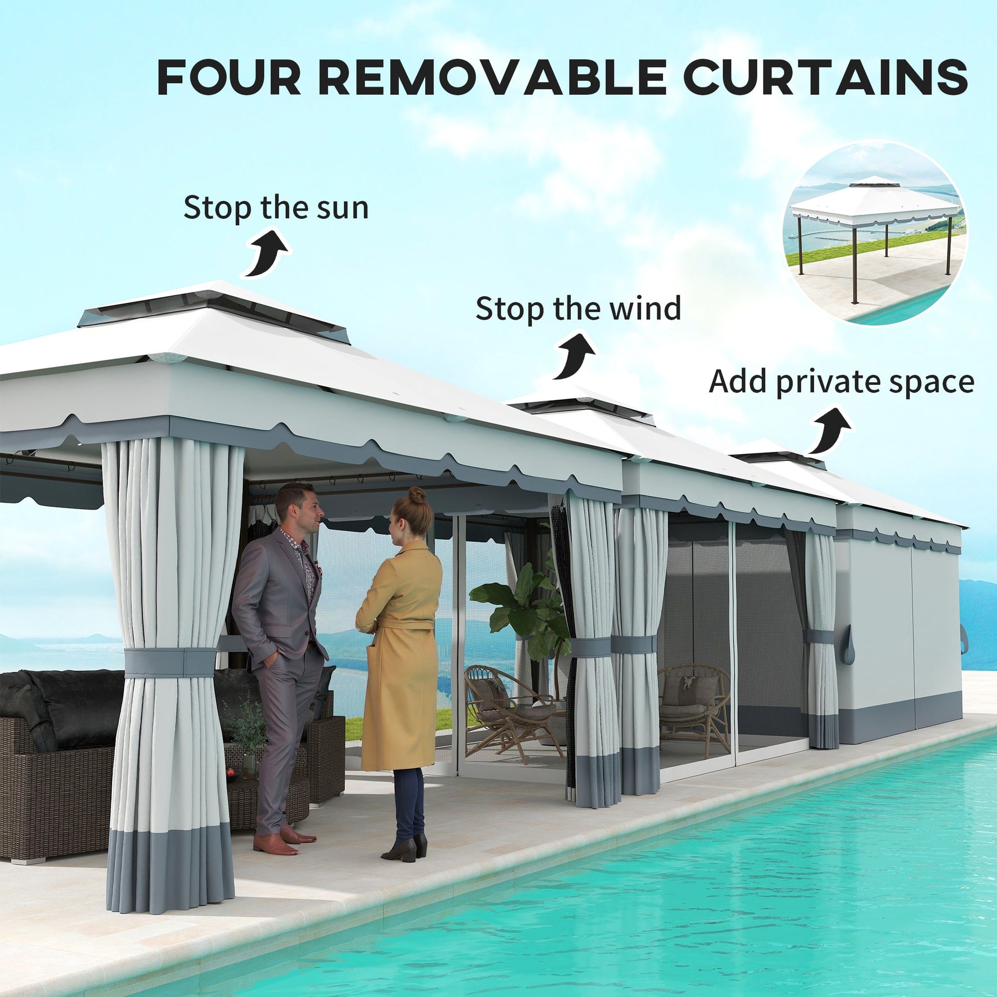  10' x 12' Patio Gazebo, Double Roof Outdoor Gazebo Canopy Shelter with Netting and Curtains, Solid Metal Frame for Garden, Lawn and Deck, Light Grey
