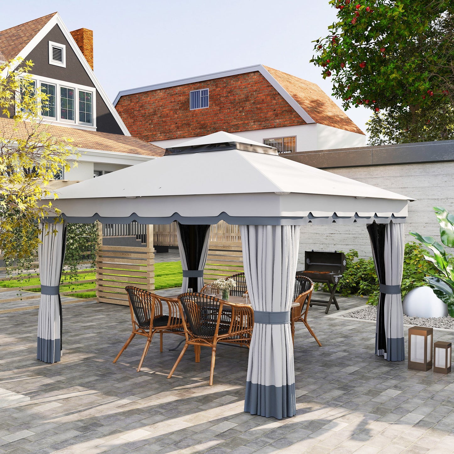  10' x 12' Patio Gazebo, Double Roof Outdoor Gazebo Canopy Shelter with Netting and Curtains, Solid Metal Frame for Garden, Lawn and Deck, Light Grey