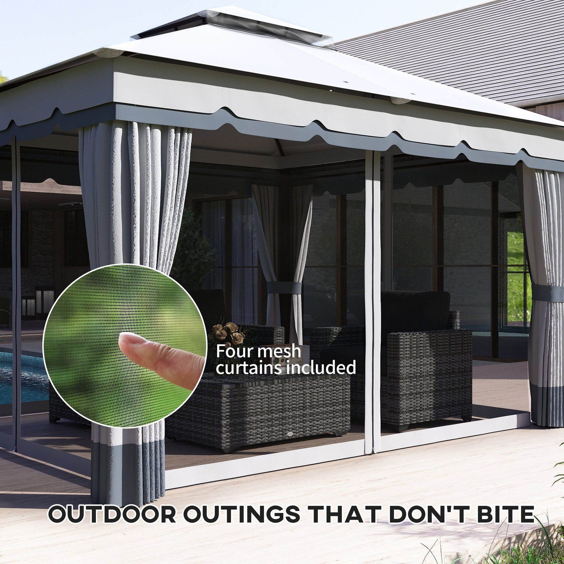  10' x 12' Patio Gazebo, Double Roof Outdoor Gazebo Canopy Shelter with Netting and Curtains, Solid Metal Frame for Garden, Lawn and Deck, Light Grey