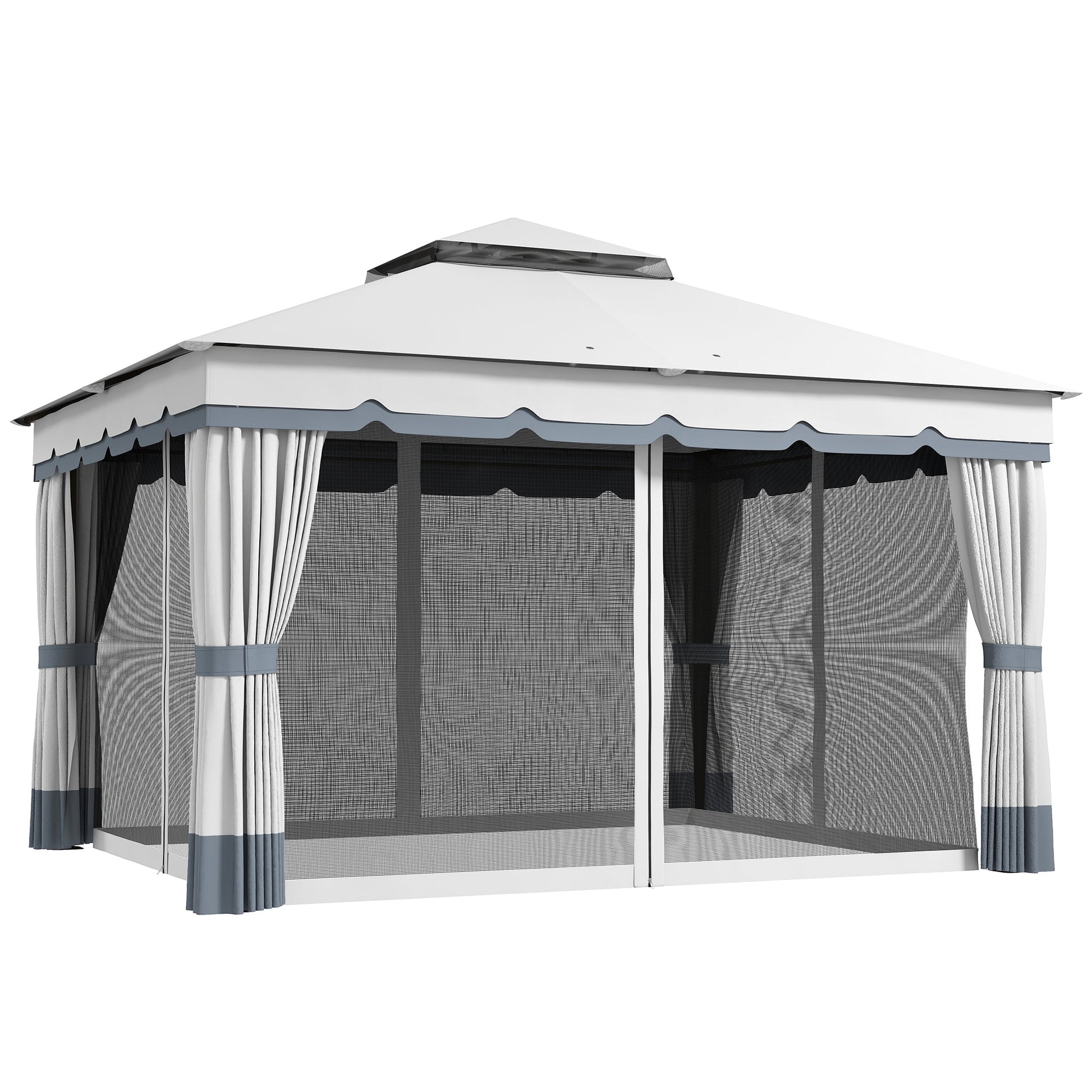  10' x 12' Patio Gazebo, Double Roof Outdoor Gazebo Canopy Shelter with Netting and Curtains, Solid Metal Frame for Garden, Lawn and Deck, Light Grey