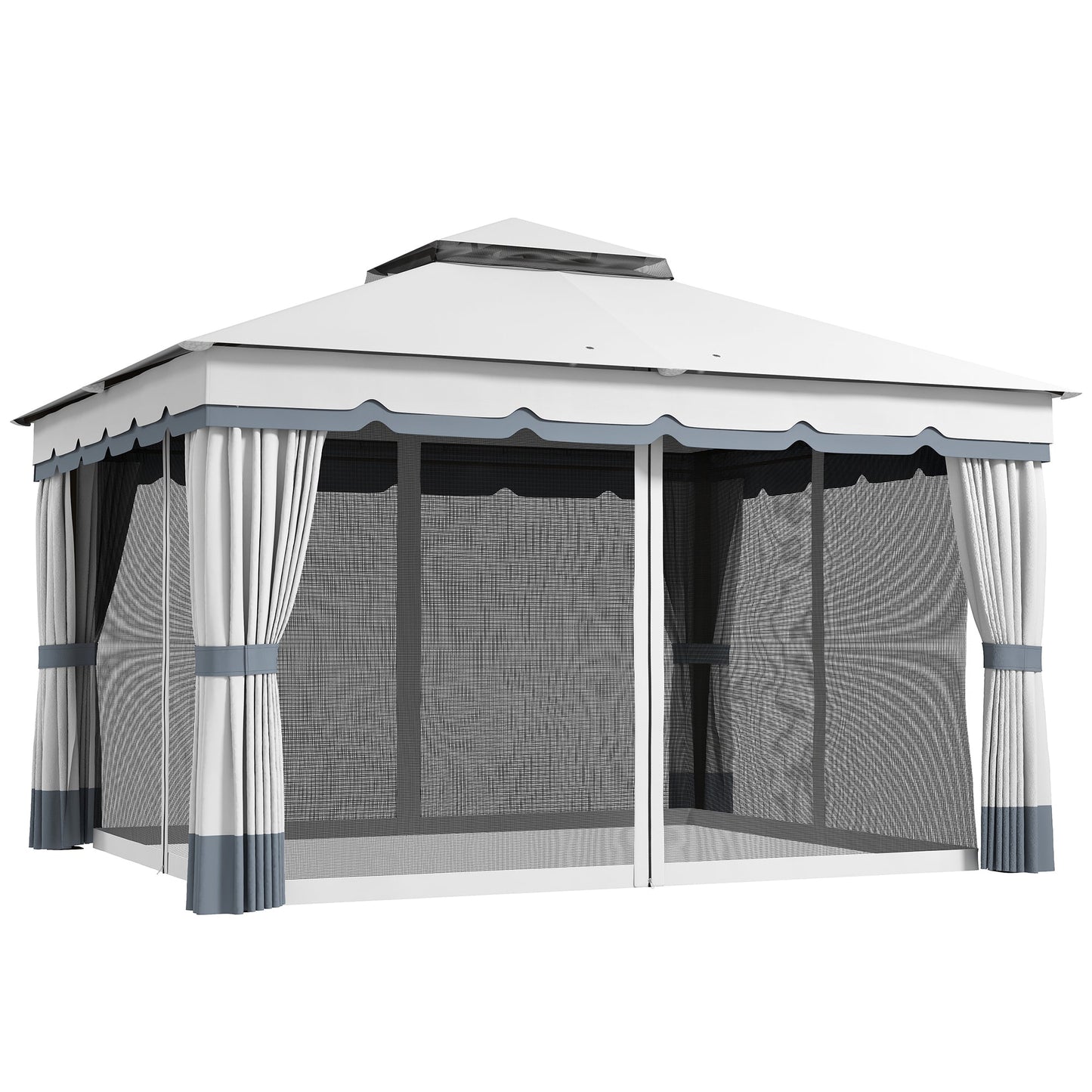  10' x 12' Patio Gazebo, Double Roof Outdoor Gazebo Canopy Shelter with Netting and Curtains, Solid Metal Frame for Garden, Lawn and Deck, Light Grey
