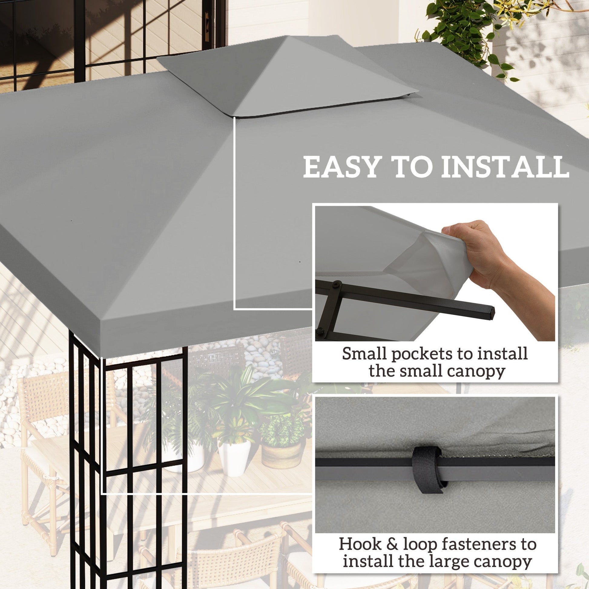 9.8' x 9.8' Square 2-Tier Gazebo Canopy Replacement Top Cover Outdoor Garden Sun Shade, Light Grey