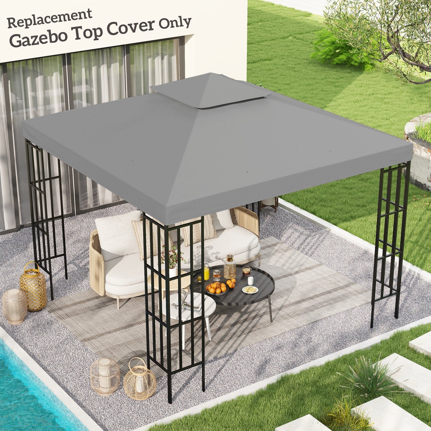 9.8' x 9.8' Square 2-Tier Gazebo Canopy Replacement Top Cover Outdoor Garden Sun Shade, Light Grey
