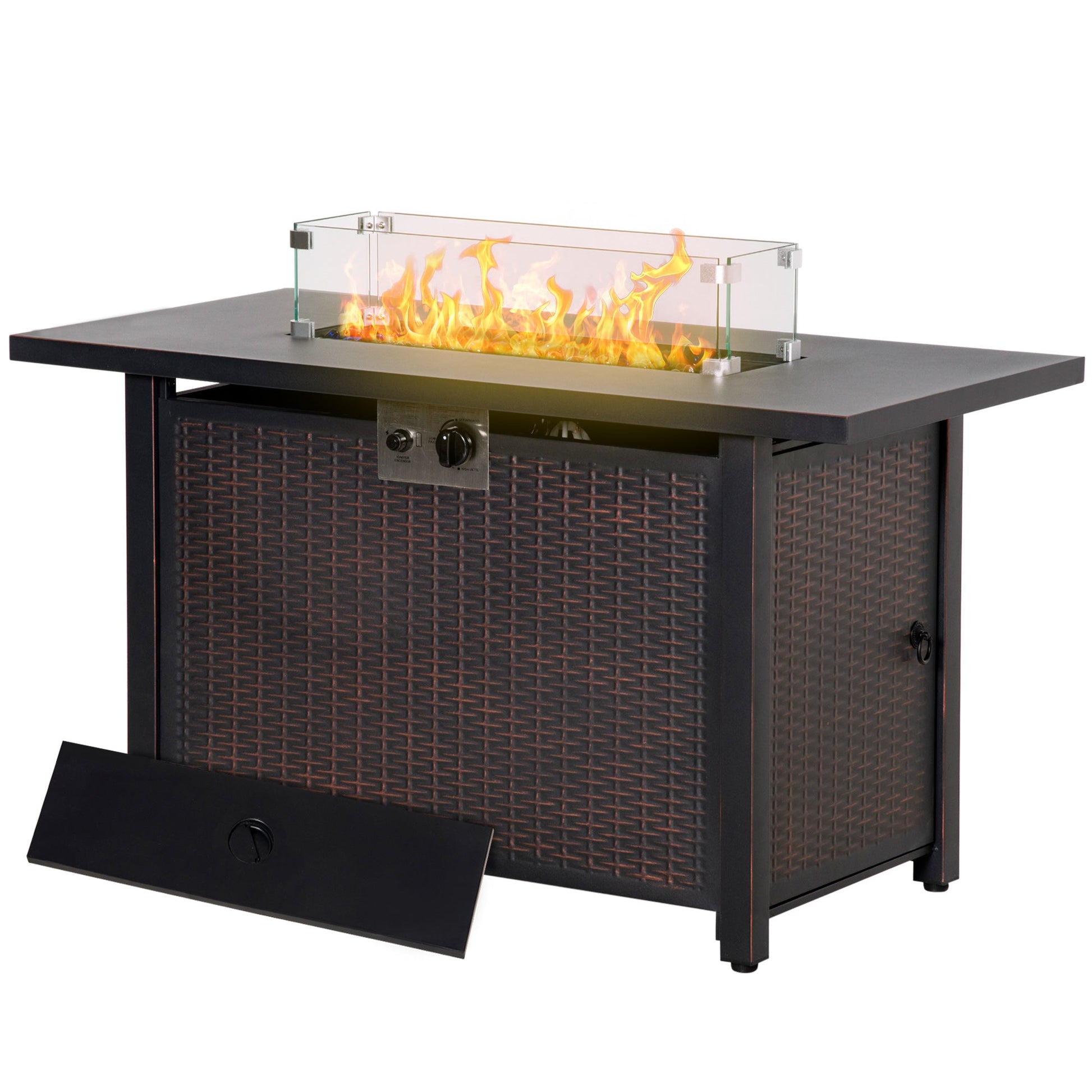 Propane Fire Pit Table 43" Outdoor Square Fire Table, 50,000 BTU Pulse-Ignition Wicker Firepit Furniture with Glass Wind Guard, Blue Glass Rock, CSA Certification, Bronze