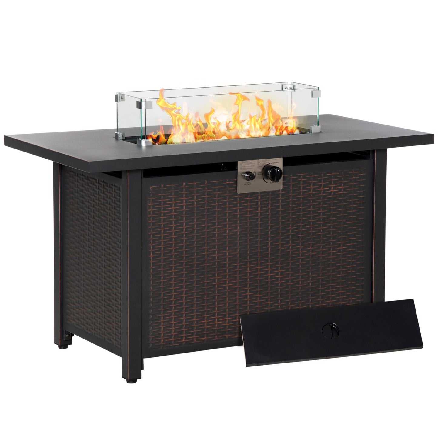 Propane Fire Pit Table 43" Outdoor Square Fire Table, 50,000 BTU Pulse-Ignition Wicker Firepit Furniture with Glass Wind Guard, Blue Glass Rock, CSA Certification, Bronze