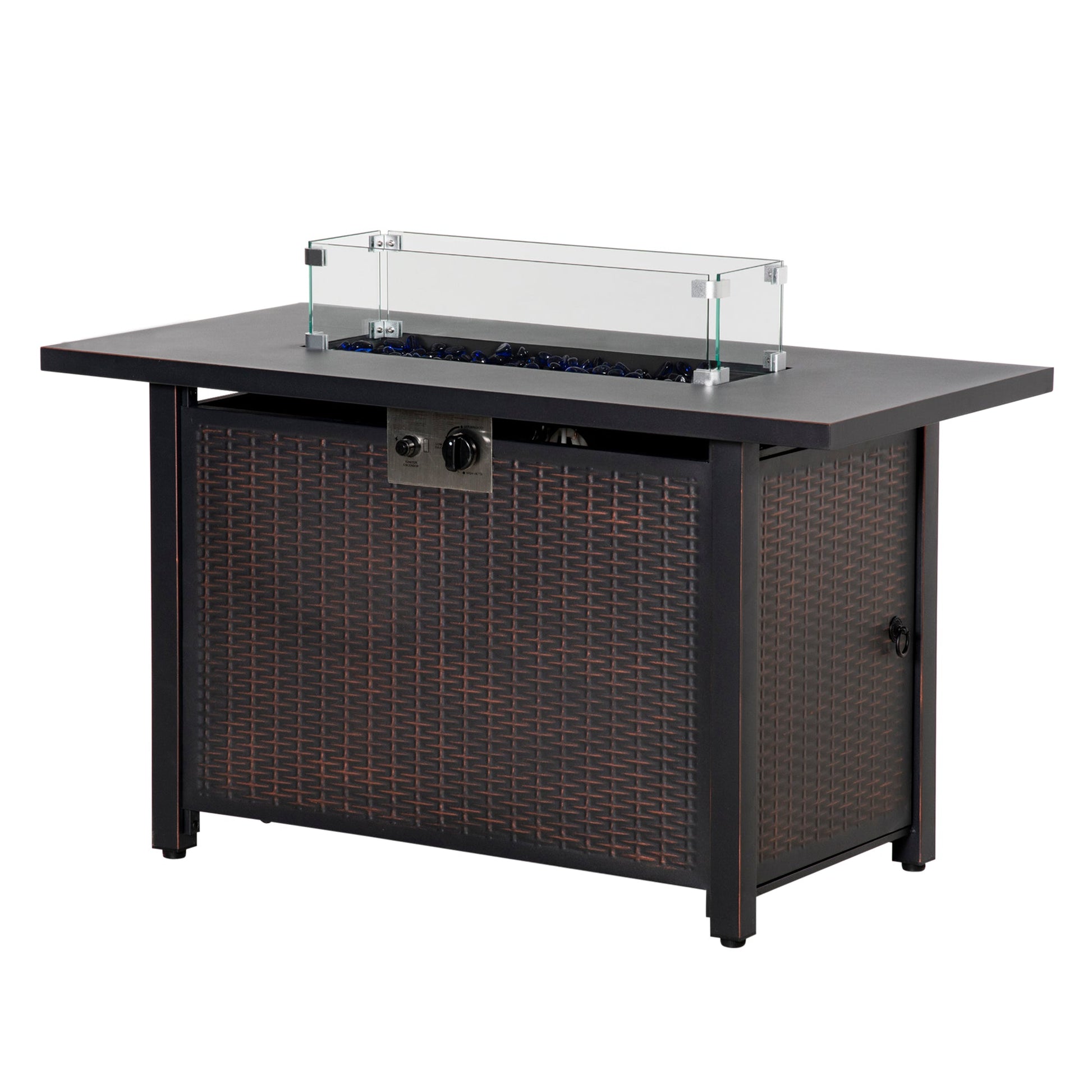 Propane Fire Pit Table 43" Outdoor Square Fire Table, 50,000 BTU Pulse-Ignition Wicker Firepit Furniture with Glass Wind Guard, Blue Glass Rock, CSA Certification, Bronze